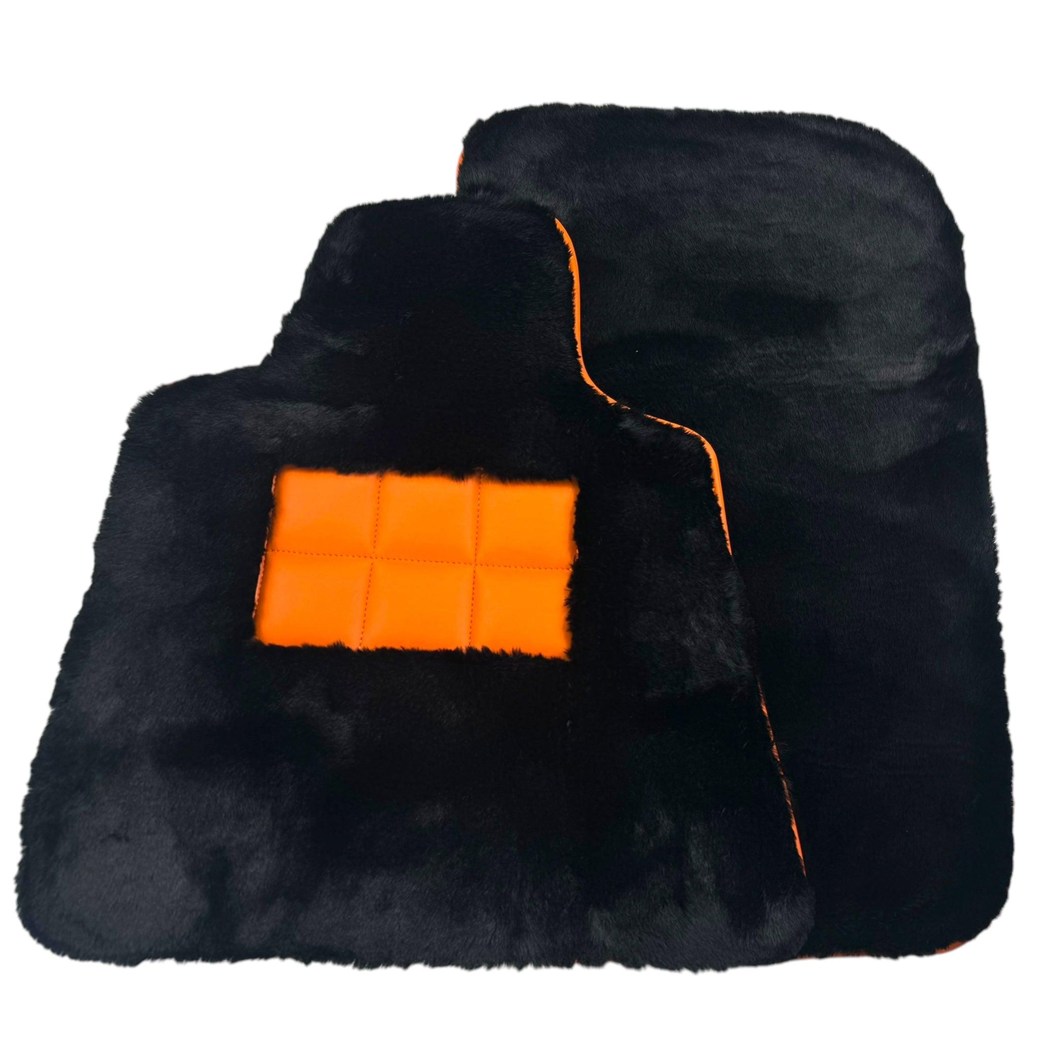 Black Sheepskin Floor Mats for Rolls-Royce Shadow (1965-1977) Orange Leather Trim - AutoWin