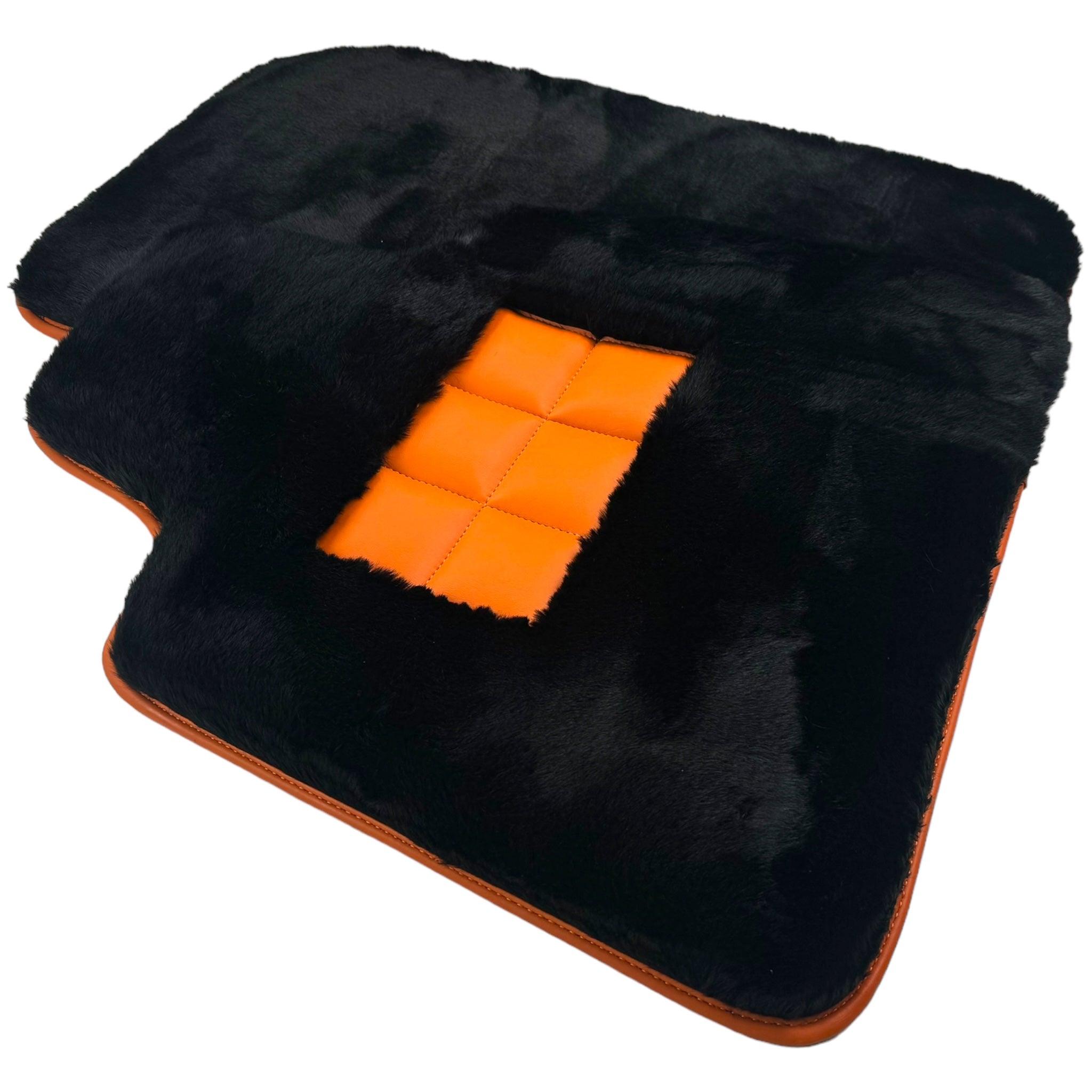 Black Sheepskin Floor Mats for Rolls-Royce Shadow (1965-1977) Orange Leather Trim - AutoWin