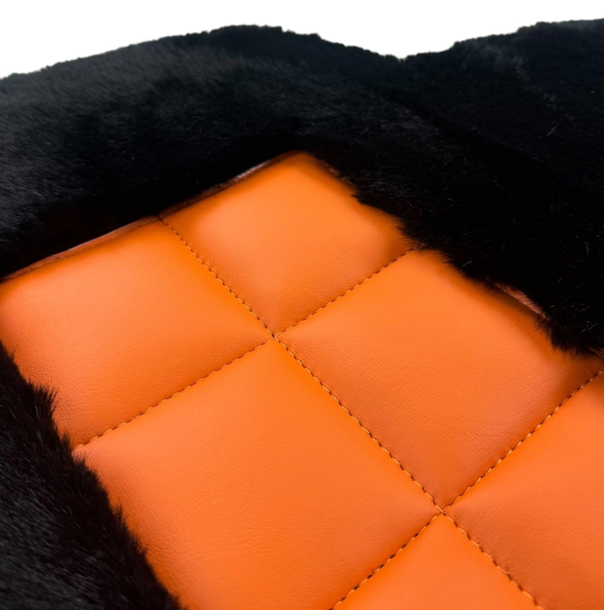 Black Sheepskin Floor Mats for Rolls-Royce Phantom Drophead Coupe (2007-2016) Orange Leather Trim - AutoWin