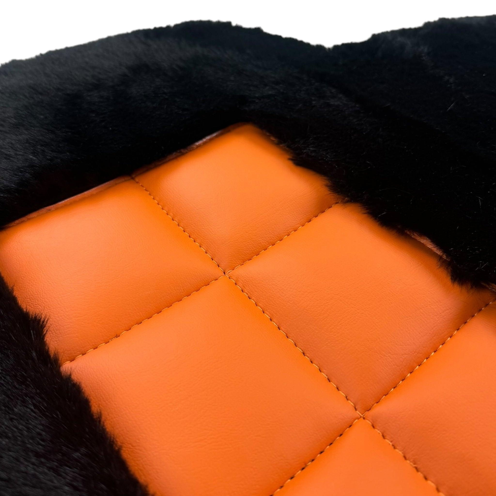 Black Sheepskin Floor Mats for Rolls-Royce Phantom Sedan (2003-2016) Orange Leather Trim - AutoWin