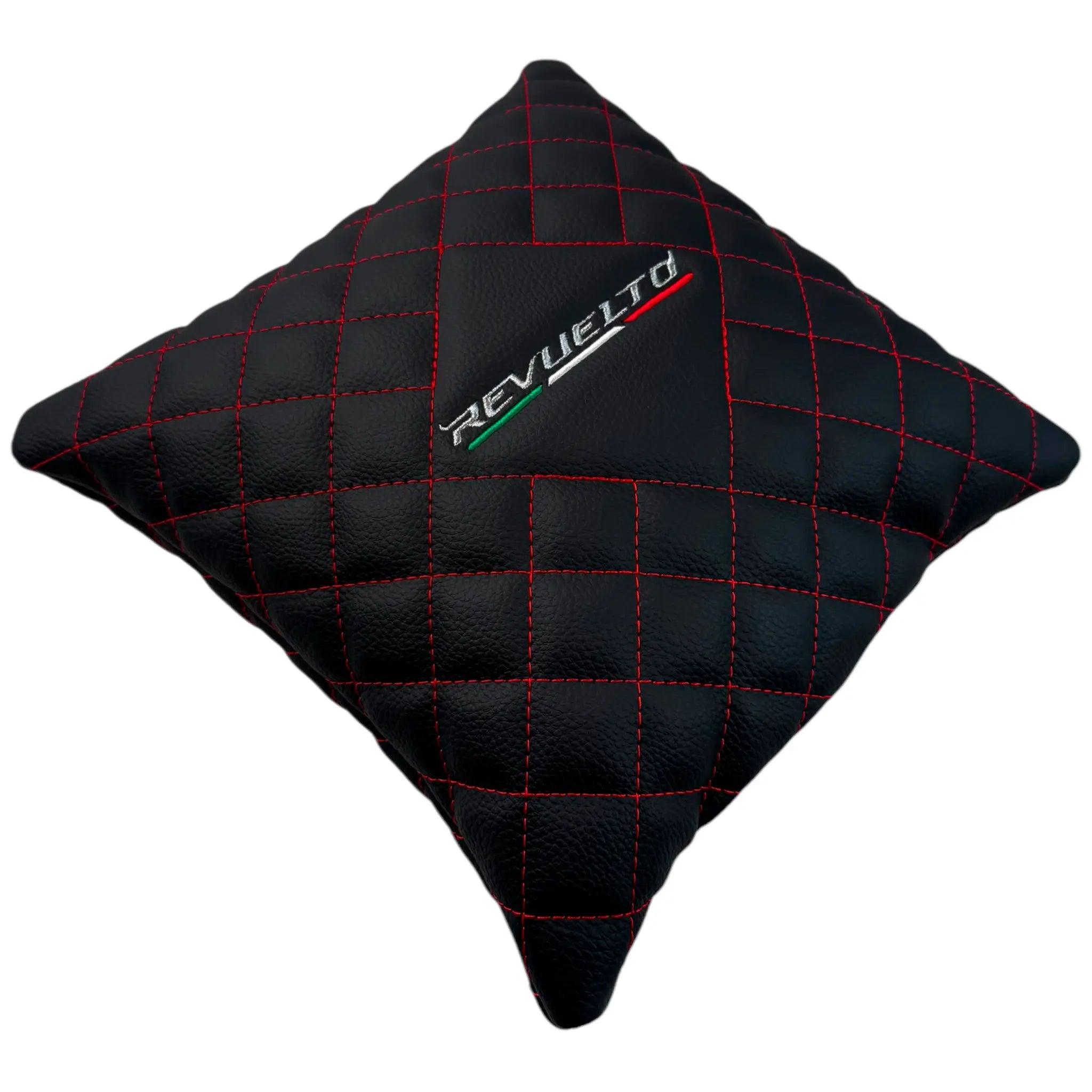 Black Leather Pillows for Lamborghini Revuelto Set of 2 | Red Sewing