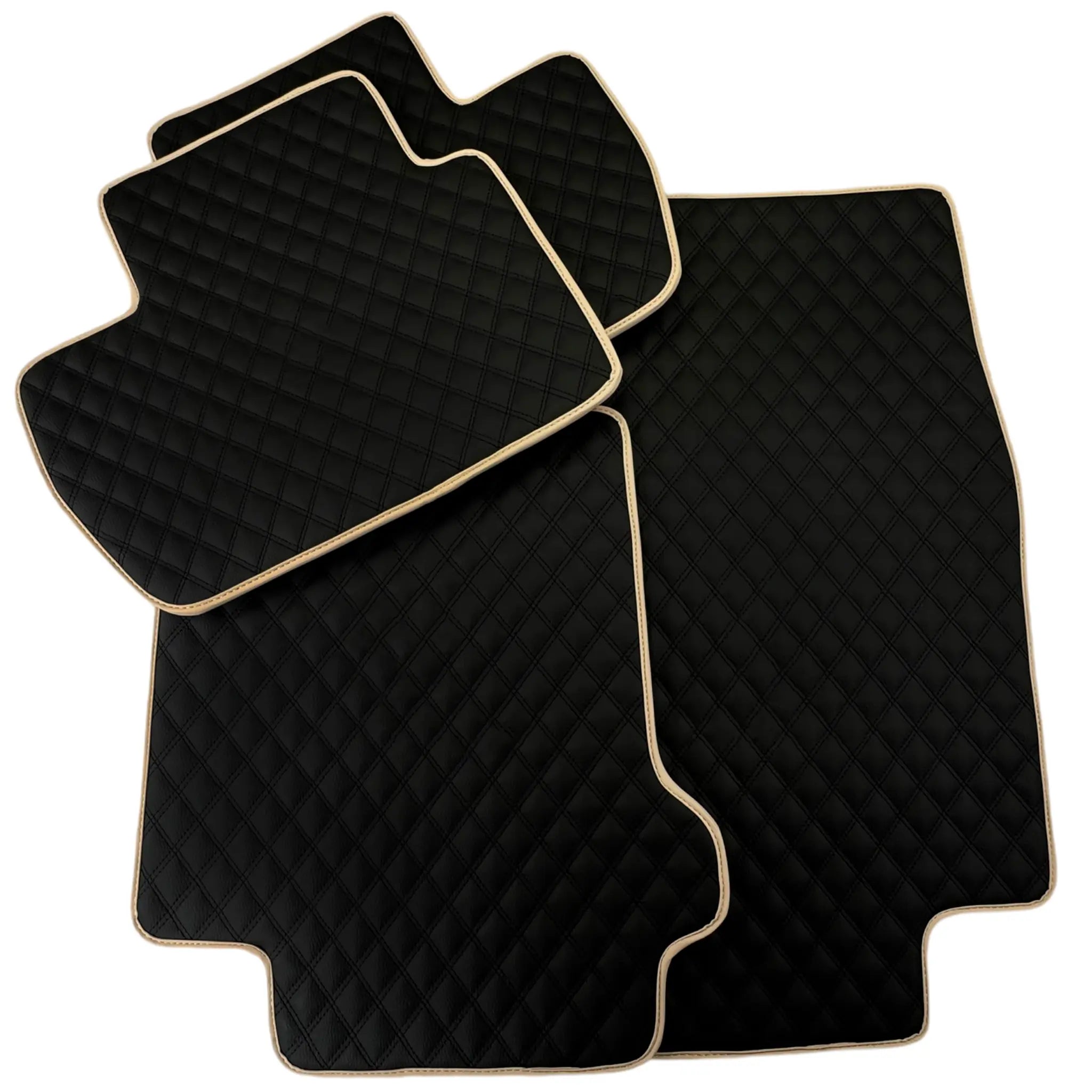 Black Stitched Leather Floor Mats for Maserati GranCabrio Sport (2011-2019) | Beige Trim - AutoWin