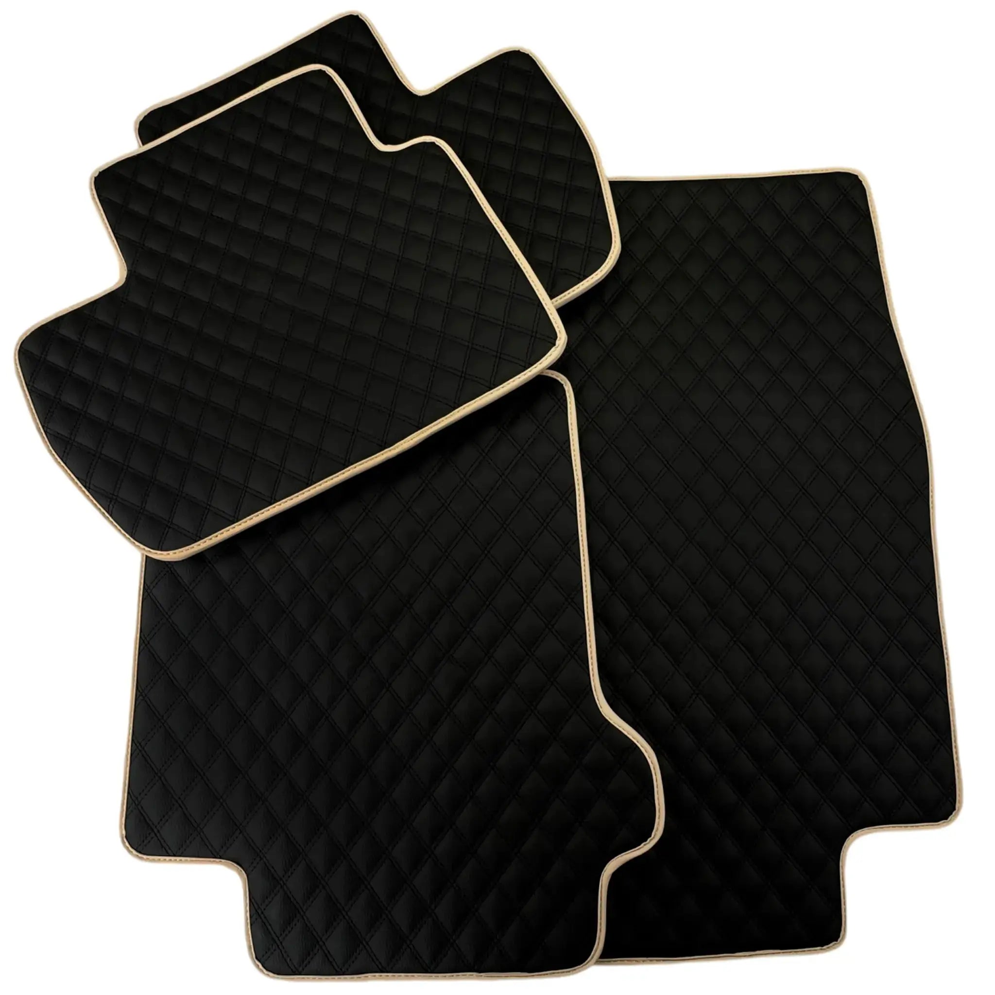 Black Stitched Leather Floor Mats for Maserati GranTurismo MC (2009-2010) | Beige Trim - AutoWin