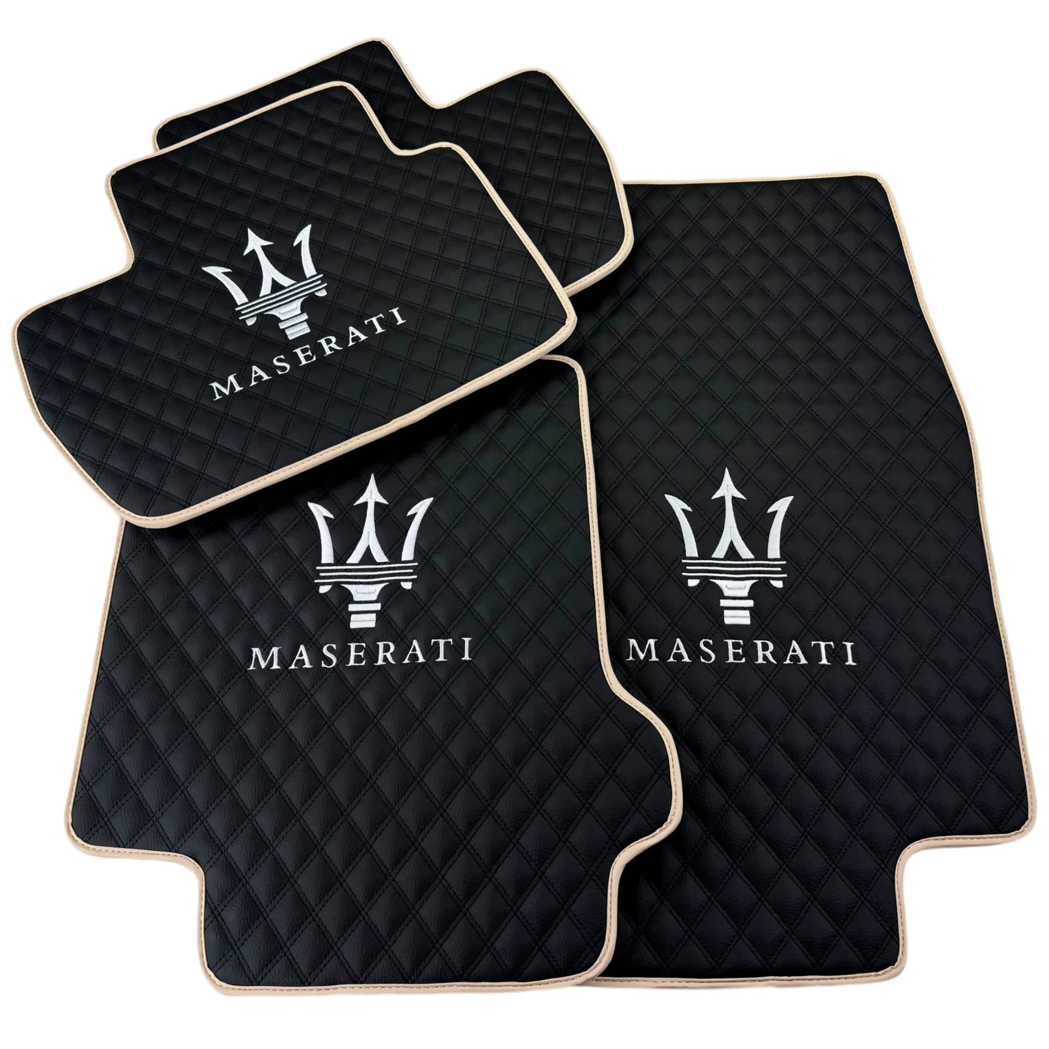 Black Stitched Leather Floor Mats with Logo for Maserati GranCabrio Sport (2011-2019) | Beige Trim - AutoWin