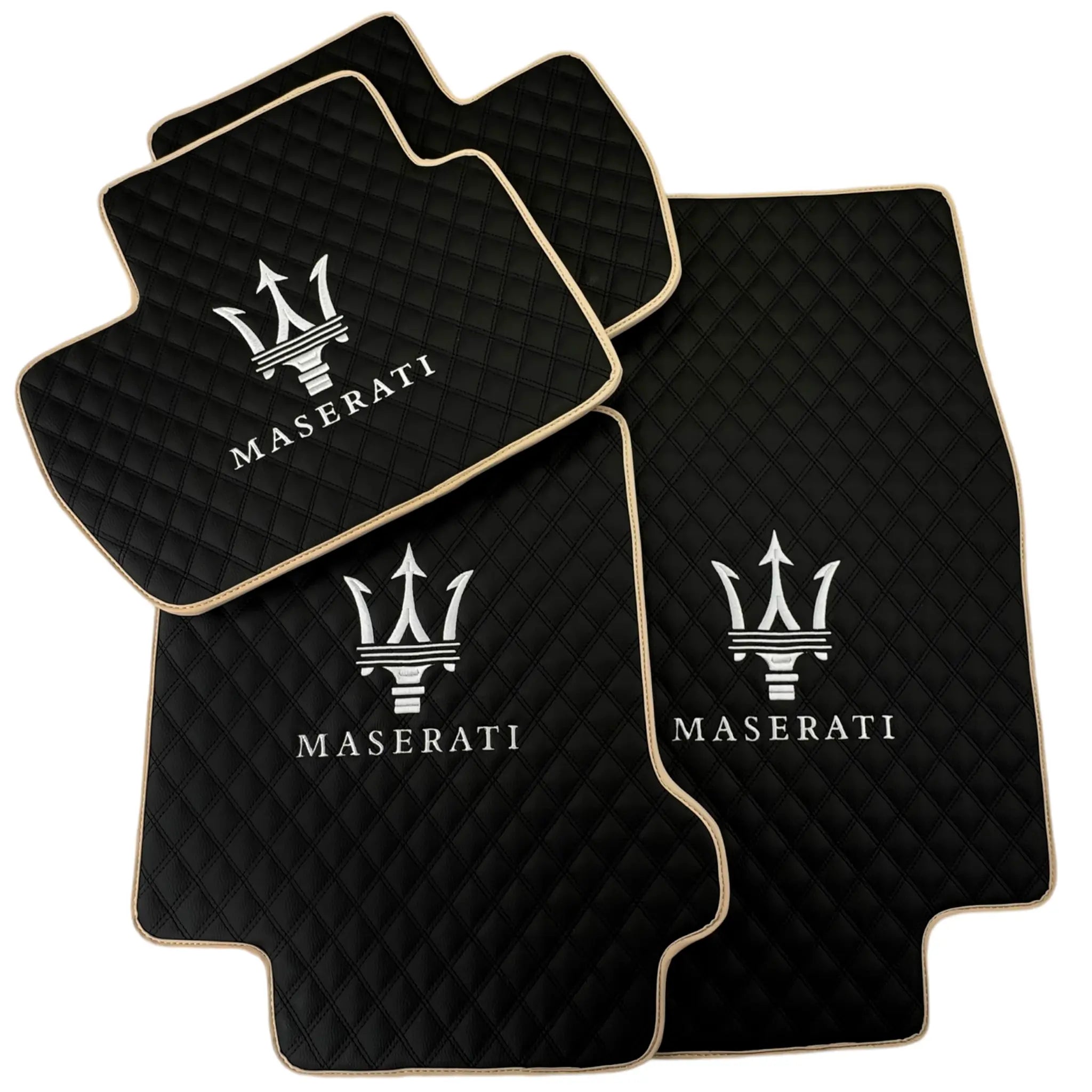 Black Stitched Leather Floor Mats with Logo for Maserati GranCabrio Sport (2011-2019) | Beige Trim - AutoWin