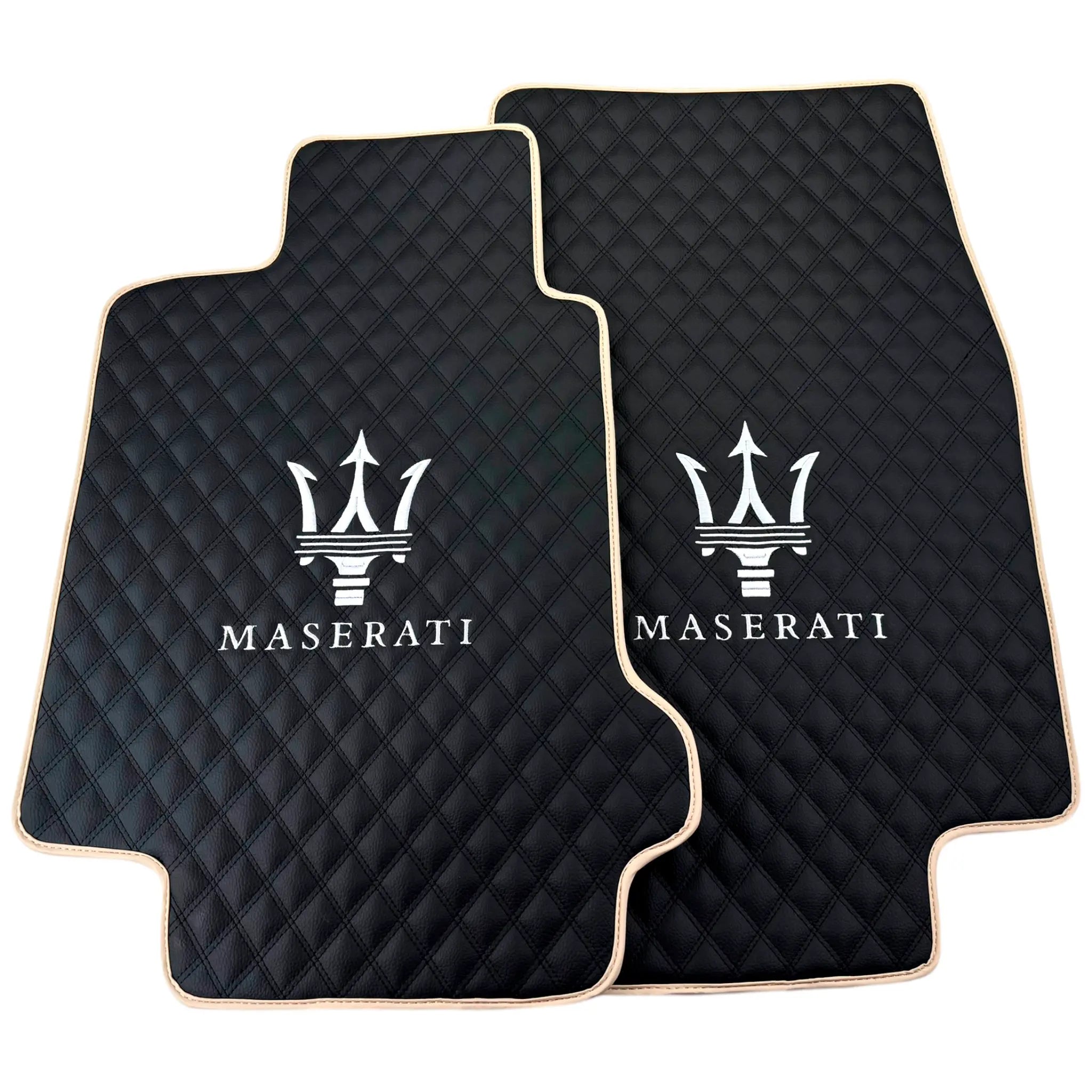 Black Stitched Leather Floor Mats with Logo for Maserati GranCabrio Sport (2011-2019) | Beige Trim - AutoWin