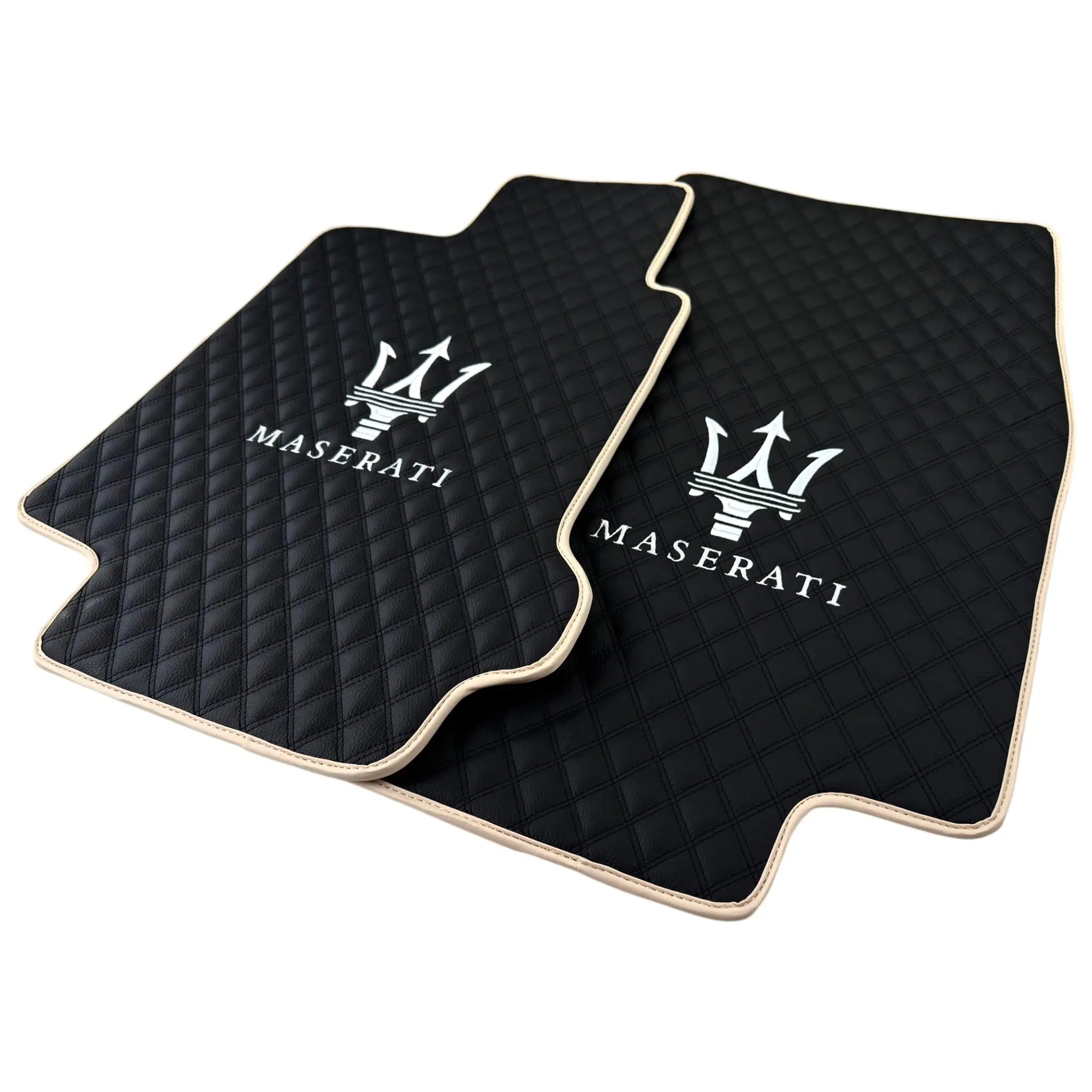 Black Stitched Leather Floor Mats with Logo for Maserati GranCabrio Sport (2011-2019) | Beige Trim - AutoWin