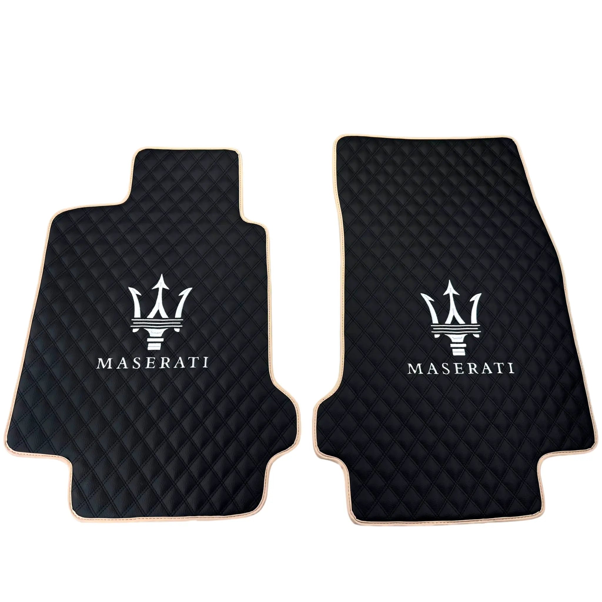 Black Stitched Leather Floor Mats with Logo for Maserati GranCabrio Sport (2011-2019) | Beige Trim - AutoWin