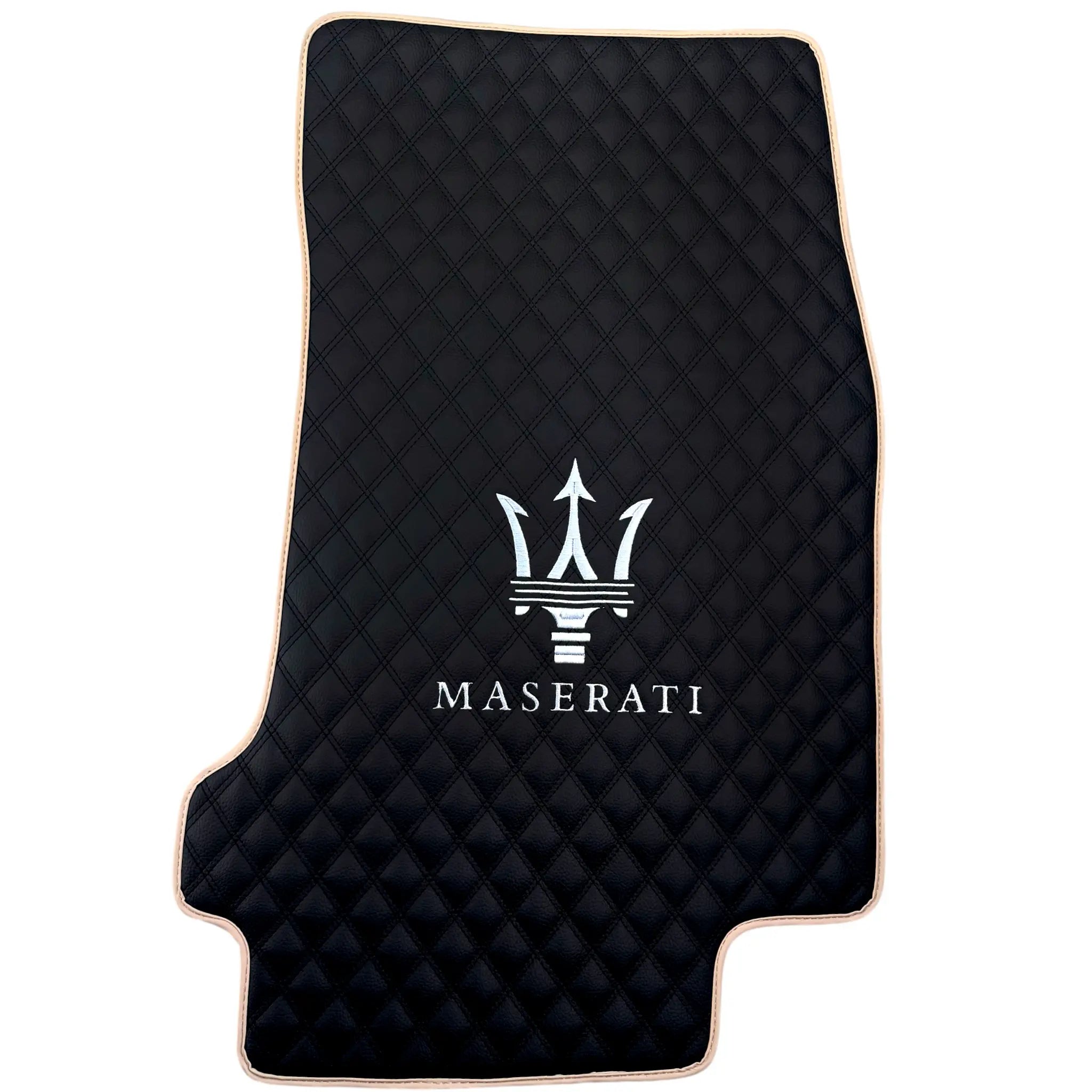 Black Stitched Leather Floor Mats with Logo for Maserati GranCabrio Sport (2011-2019) | Beige Trim - AutoWin