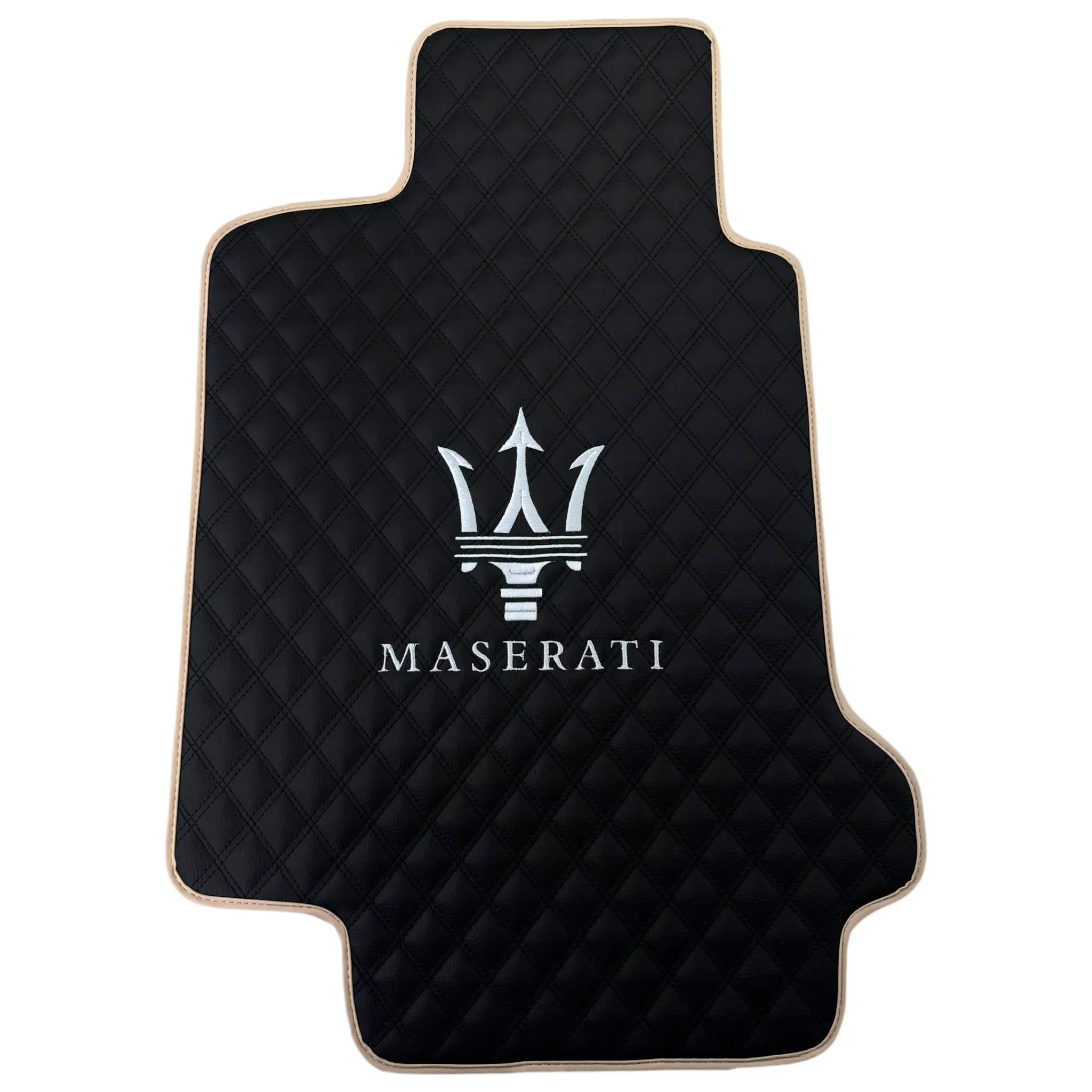 Black Stitched Leather Floor Mats with Logo for Maserati GranCabrio Sport (2011-2019) | Beige Trim - AutoWin