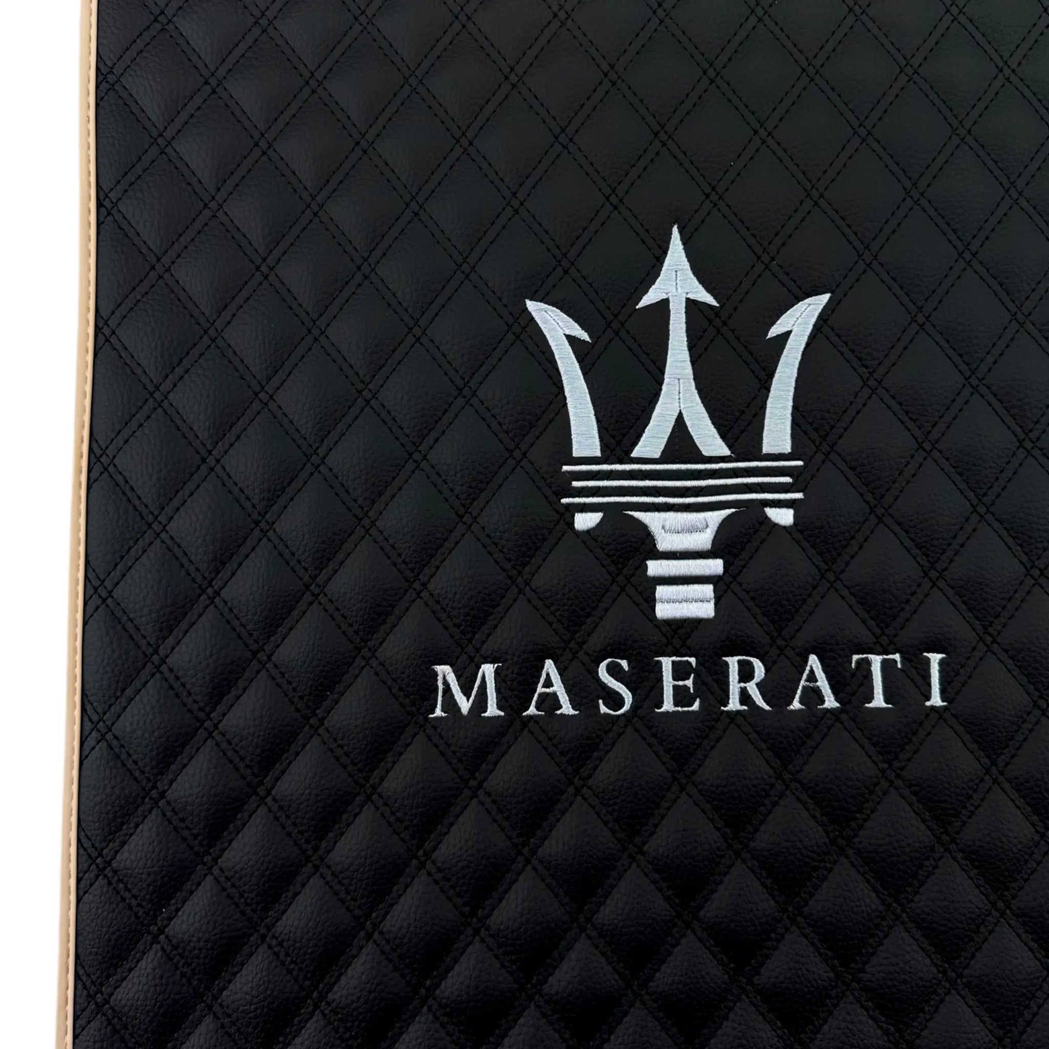 Black Stitched Leather Floor Mats with Logo for Maserati GranCabrio Sport (2011-2019) | Beige Trim - AutoWin