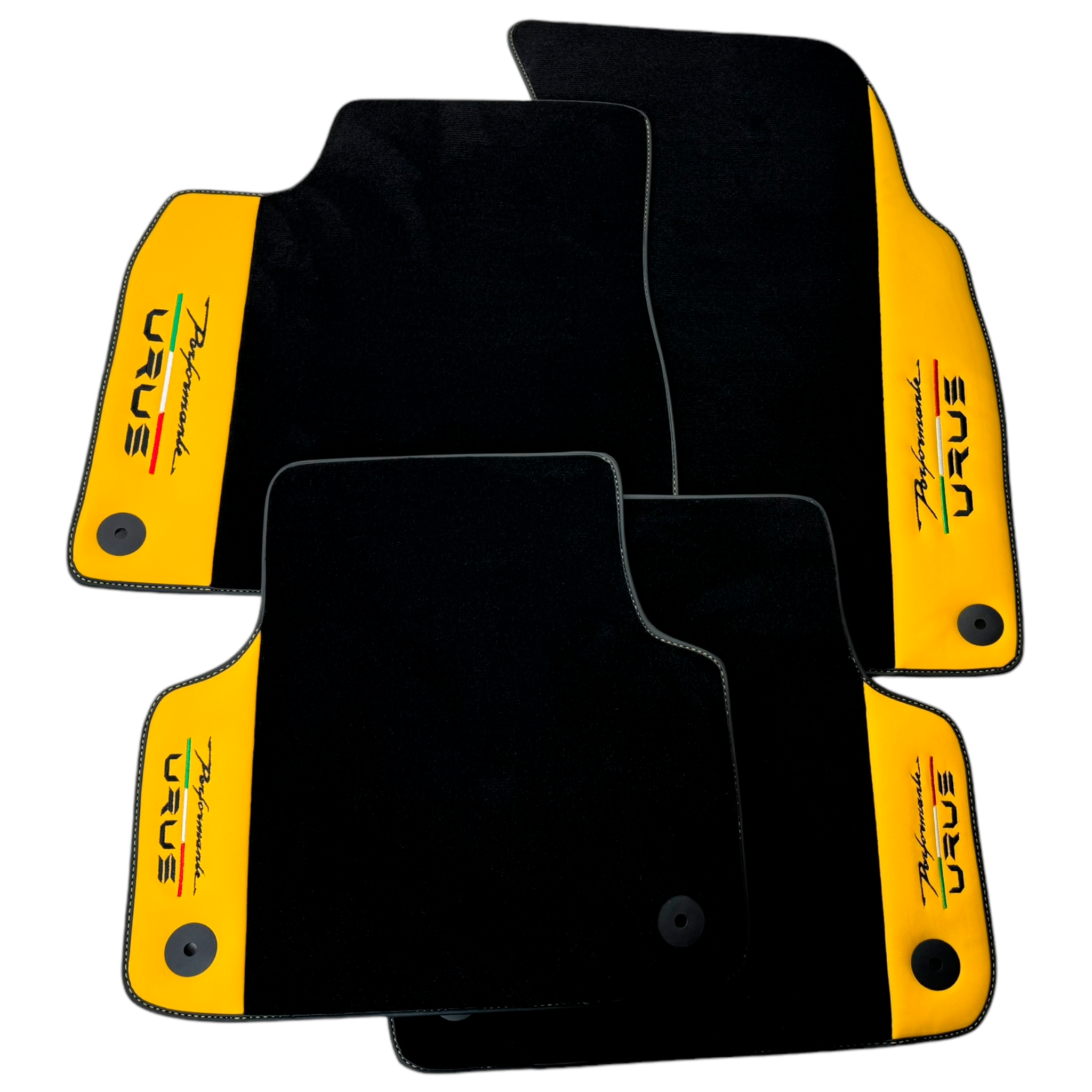 Black Floor Mats for Lamborghini Urus Performante with Yellow Leather | Italian Edition