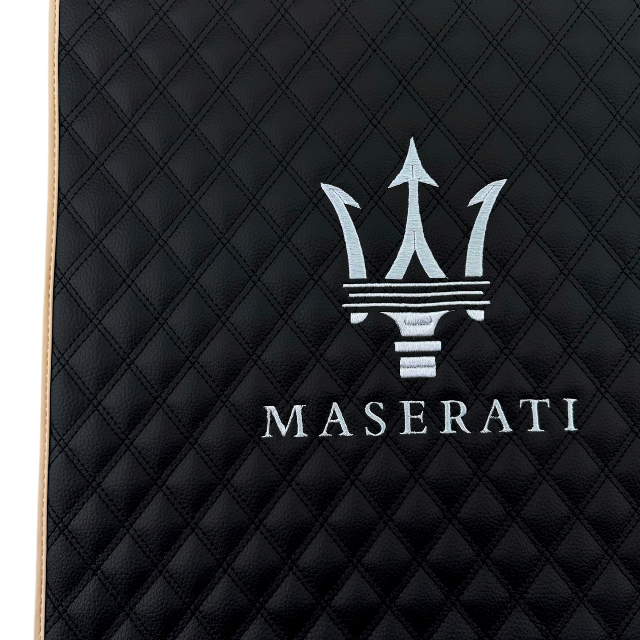 Black Stitched Leather Floor Mats with Logo for Maserati Coupe (2002–2007) | Beige Trim - AutoWin