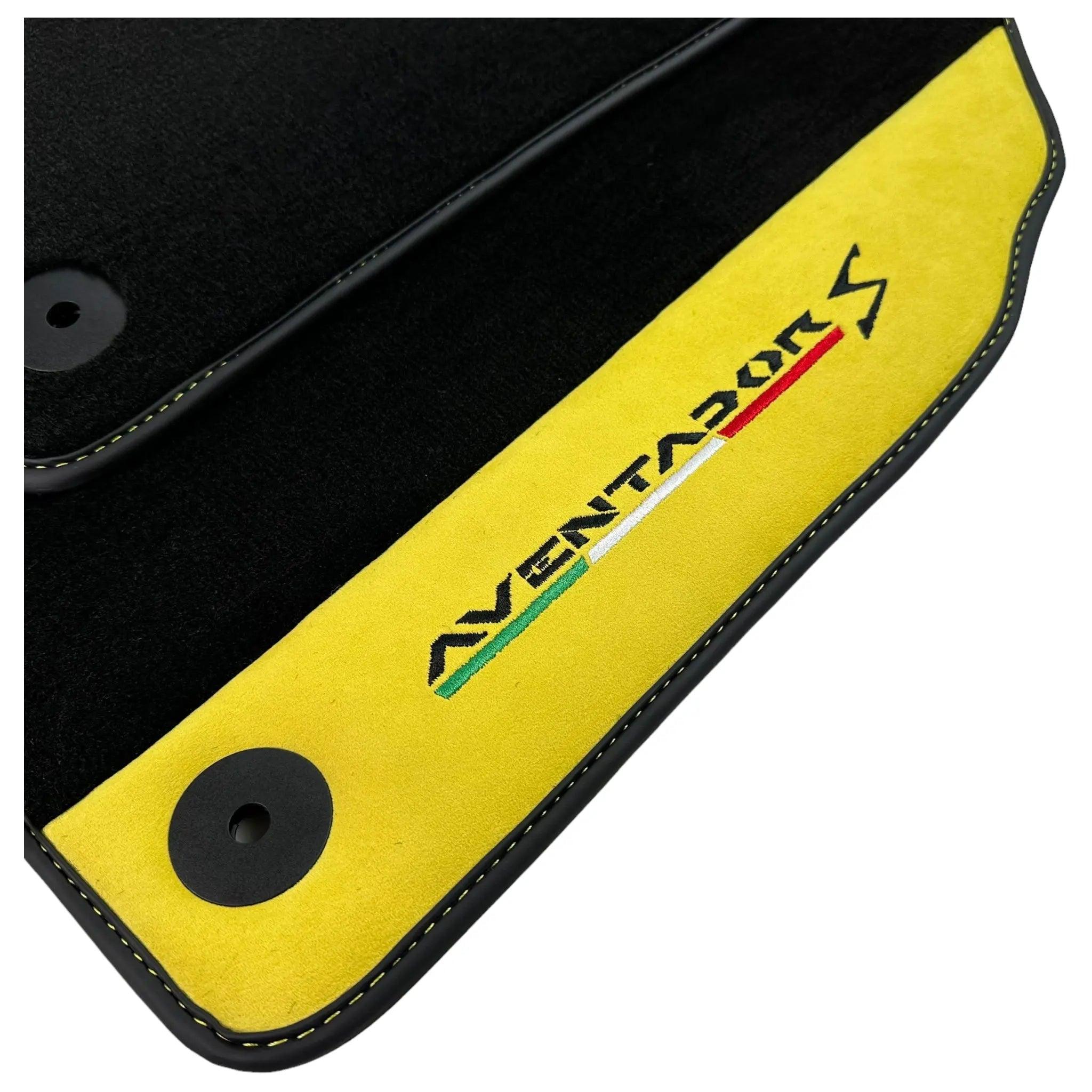 Black Floor Mats for Lamborghini Aventador S with Yellow Alcantara Leather