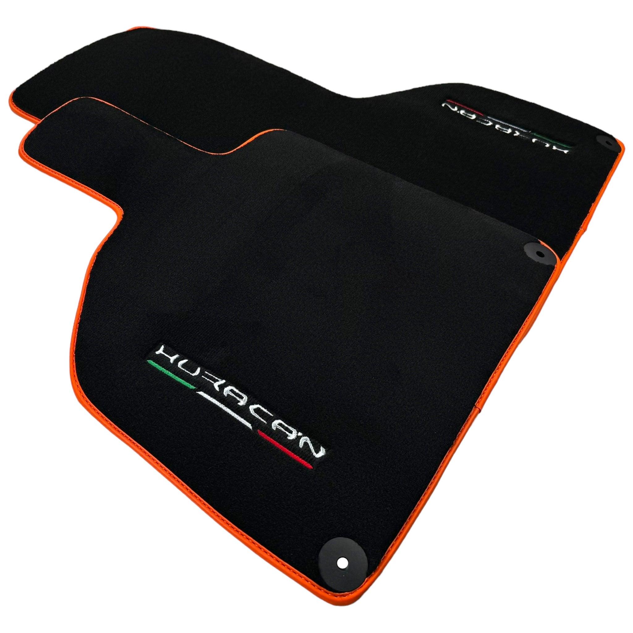Black Floor Mats for Lamborghini Huracan (2014-2023) with Orange Leather Trim