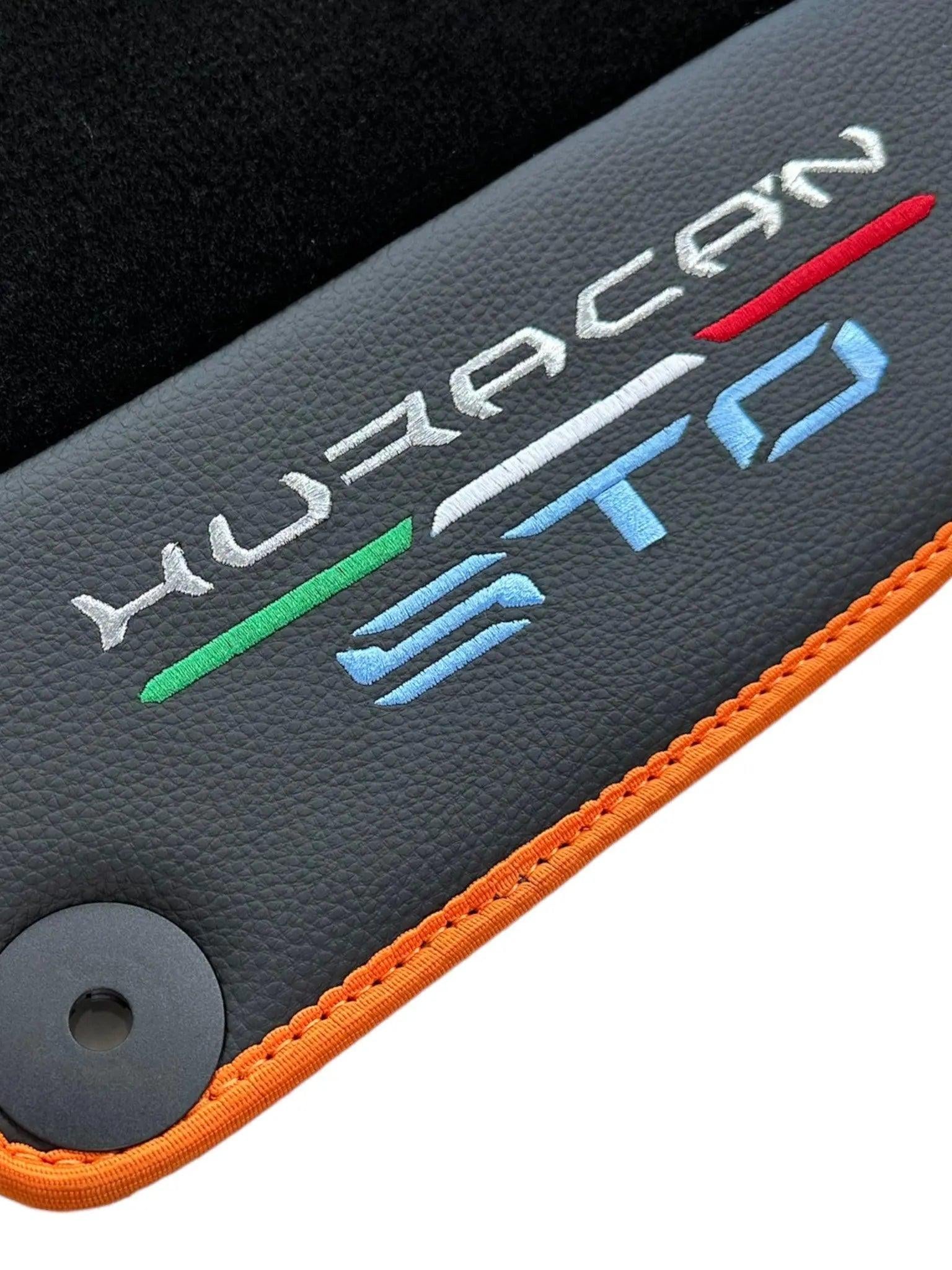 Black Floor Mats for Lamborghini Huracan STO With Black Leather and Orange Trim - AutoWin