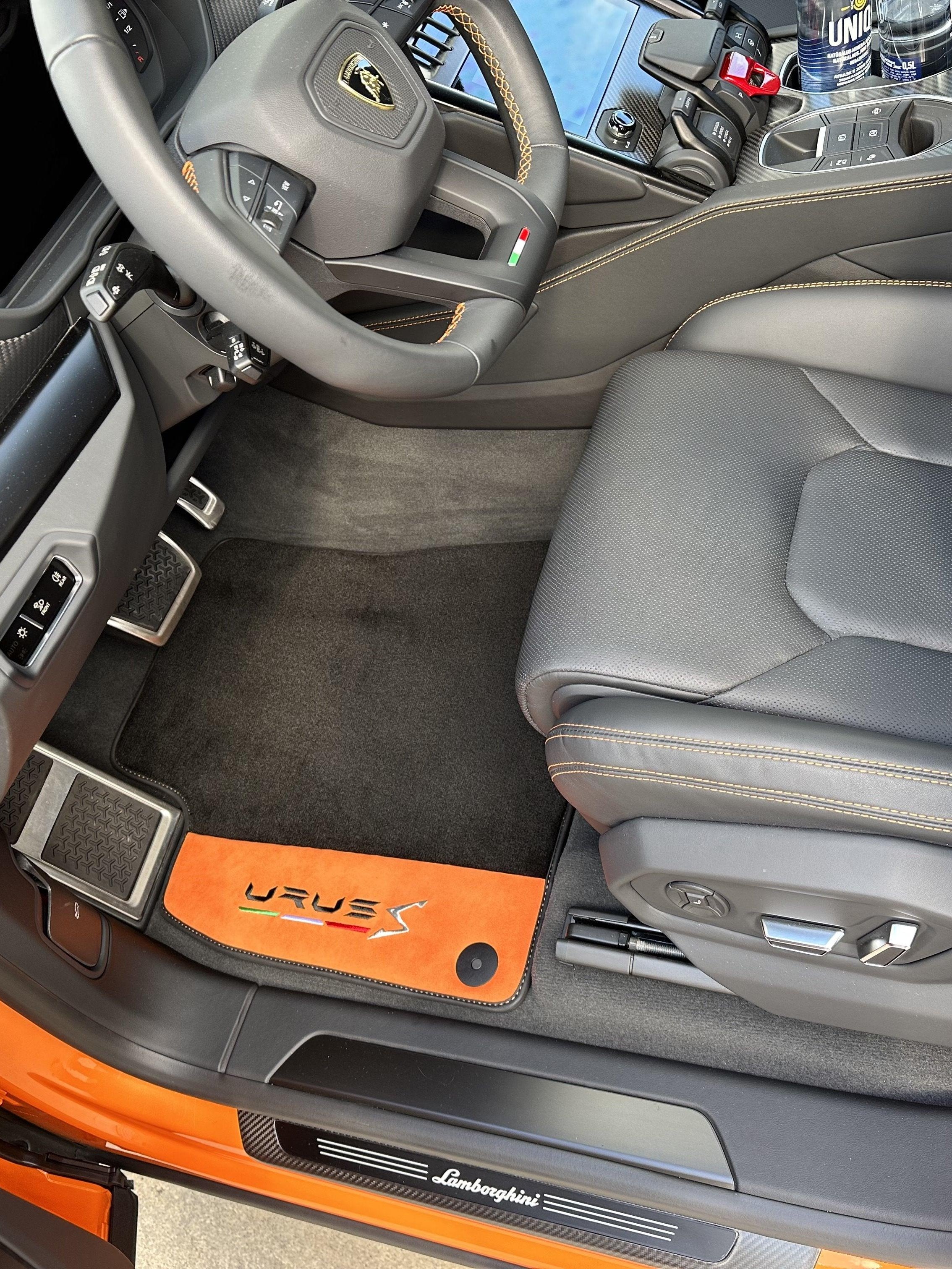 Black Floor Mats For Lamborghini Urus S With Orange Alcantara Leather