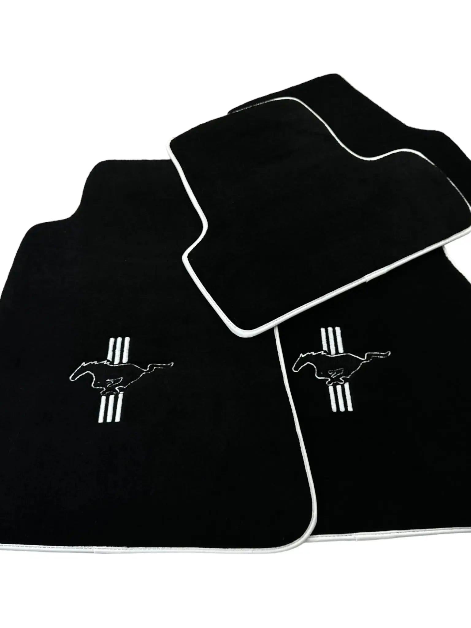 Black Floor Mats with White Trim For Ford Mustang V (2004-2010) With Pony - AutoWin