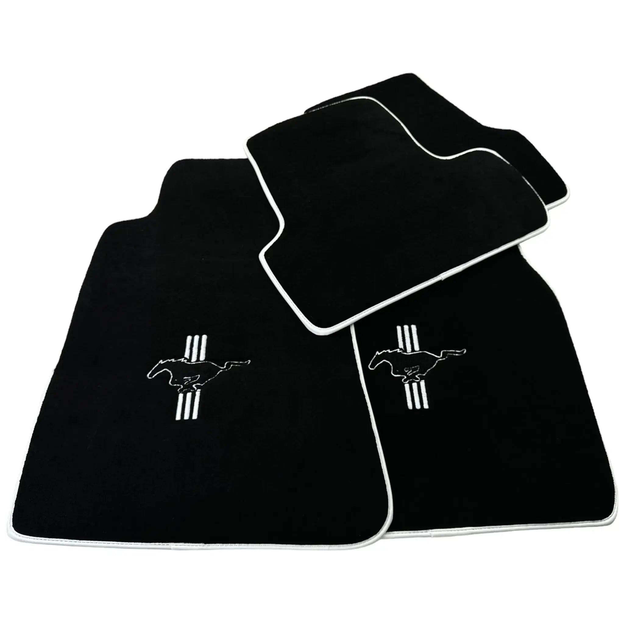 Black Floor Mats with White Trim For Ford Mustang V (2004-2010) With Pony - AutoWin