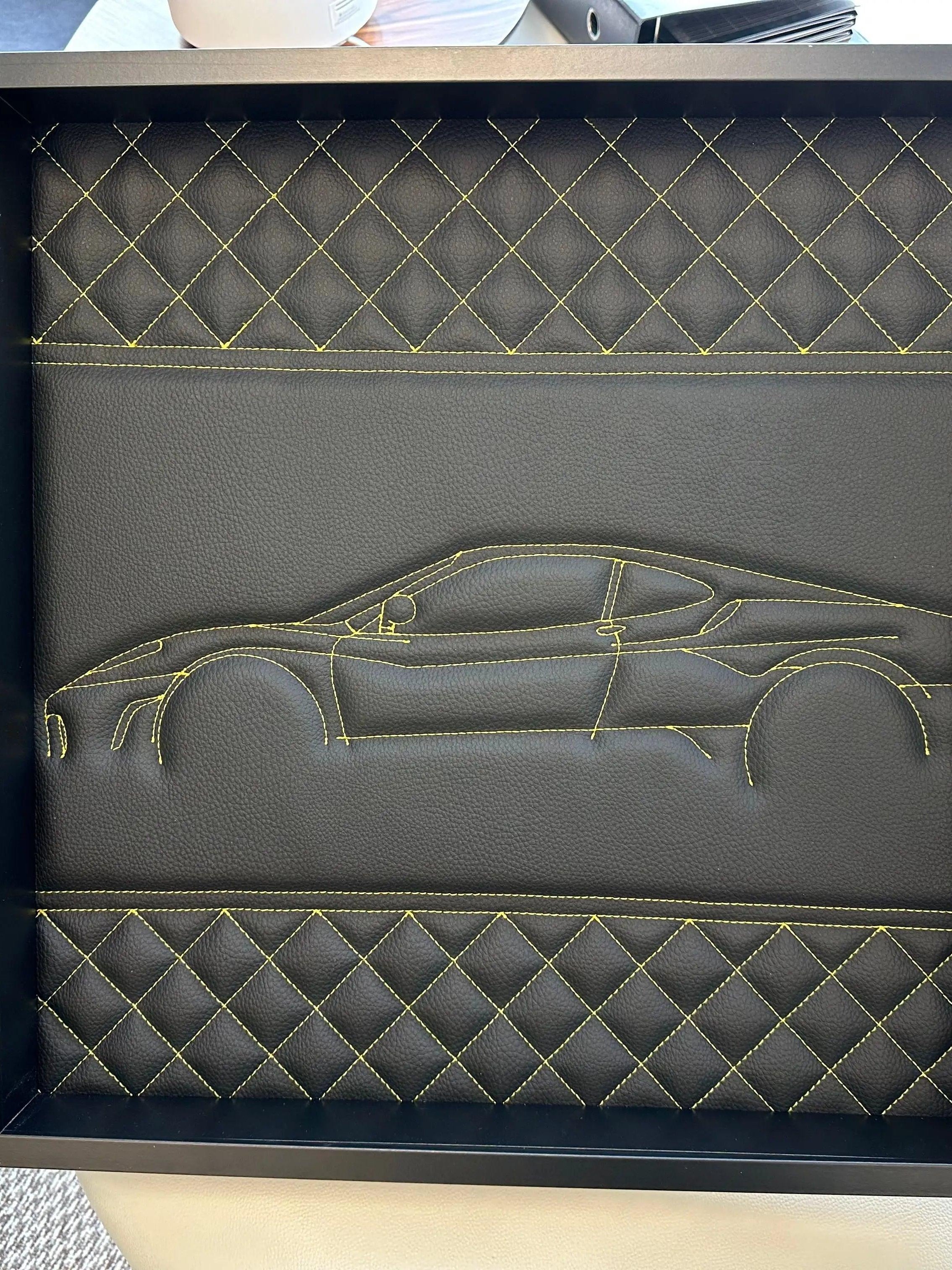 Black Leather Ferrari 458 Inspired Wall Art: Embroidered Yellow Stitch Luxury Decor