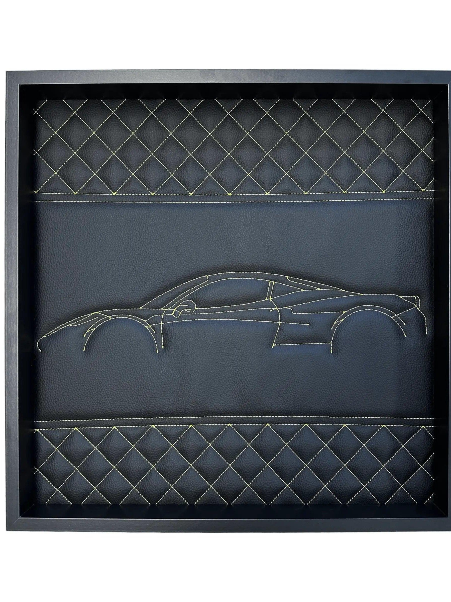 Black Leather Ferrari 488 Inspired Wall Art: Embroidered Yellow Stitch Luxury Decor