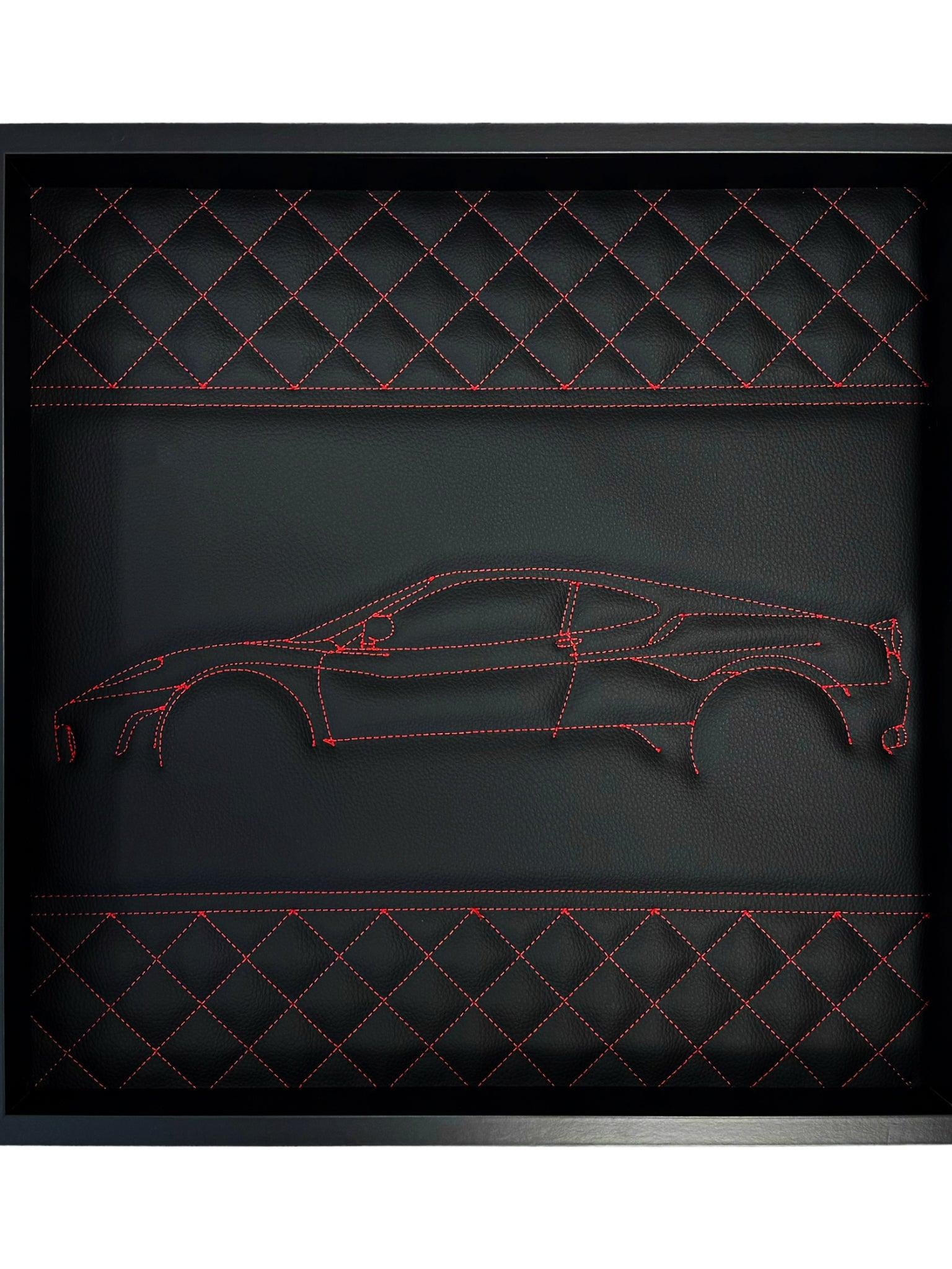 Black Leather Ferrari F430 Inspired Wall Art: Embroidered Red Stitch Luxury Decor