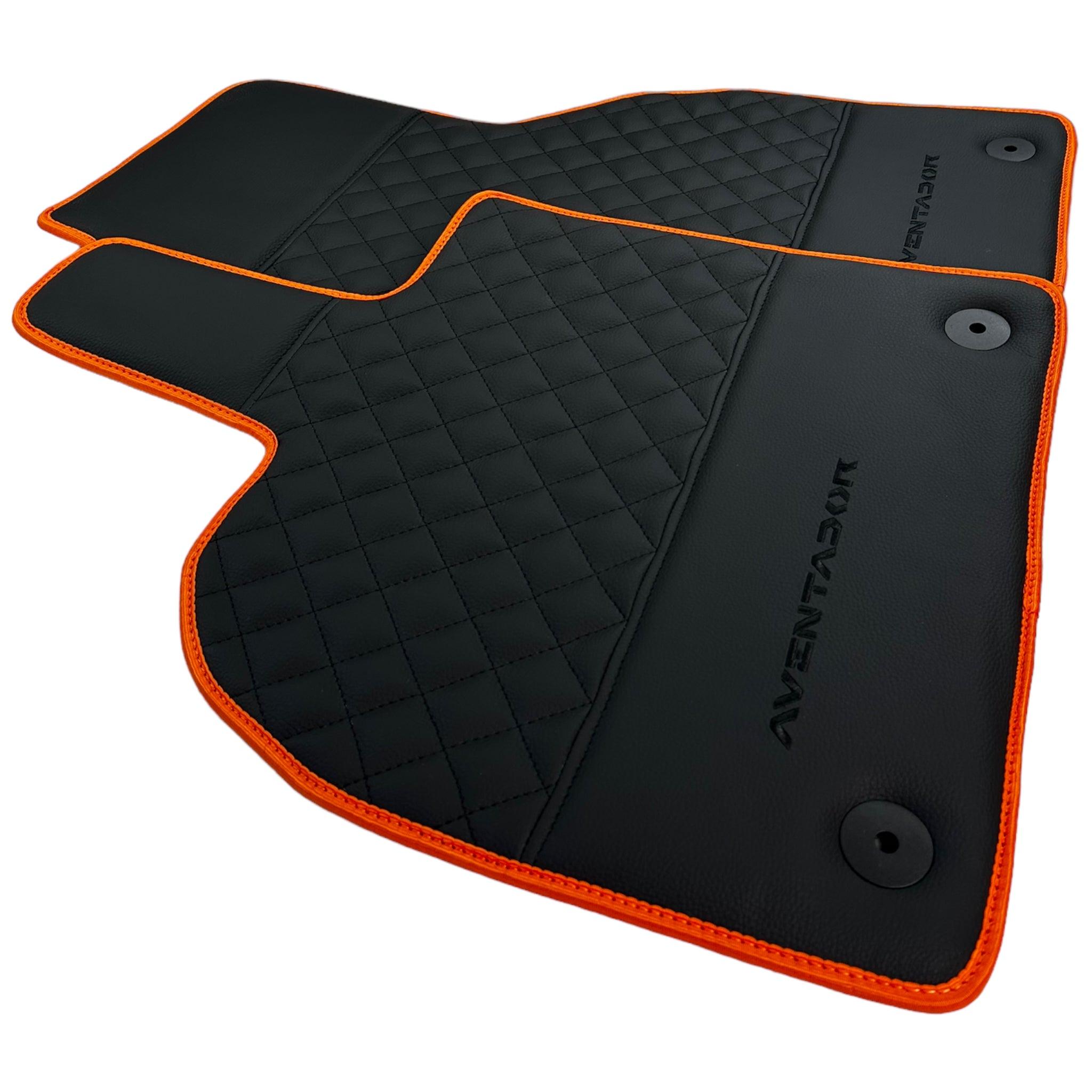 Black Leather Floor Mats For Lamborghini Aventador with Orange Trim