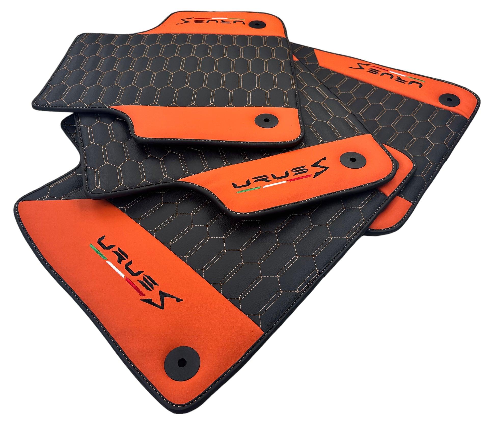 Black Leather Floor Mats For Lamborghini Urus S With Orange Nappa Leather