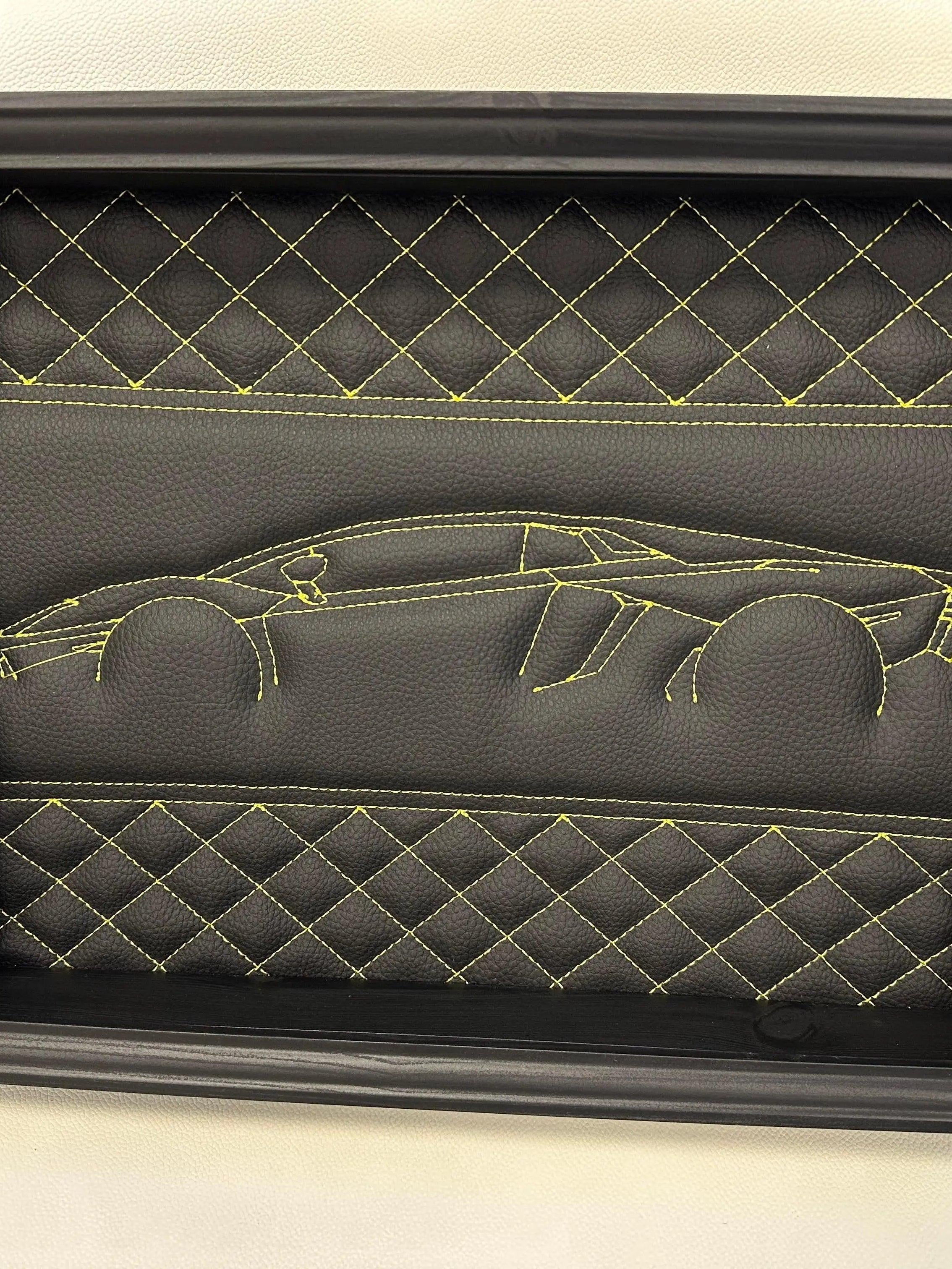 Black Leather Lamborghini Aventador Inspired Wall Art: Embroidered Yellow Stitch