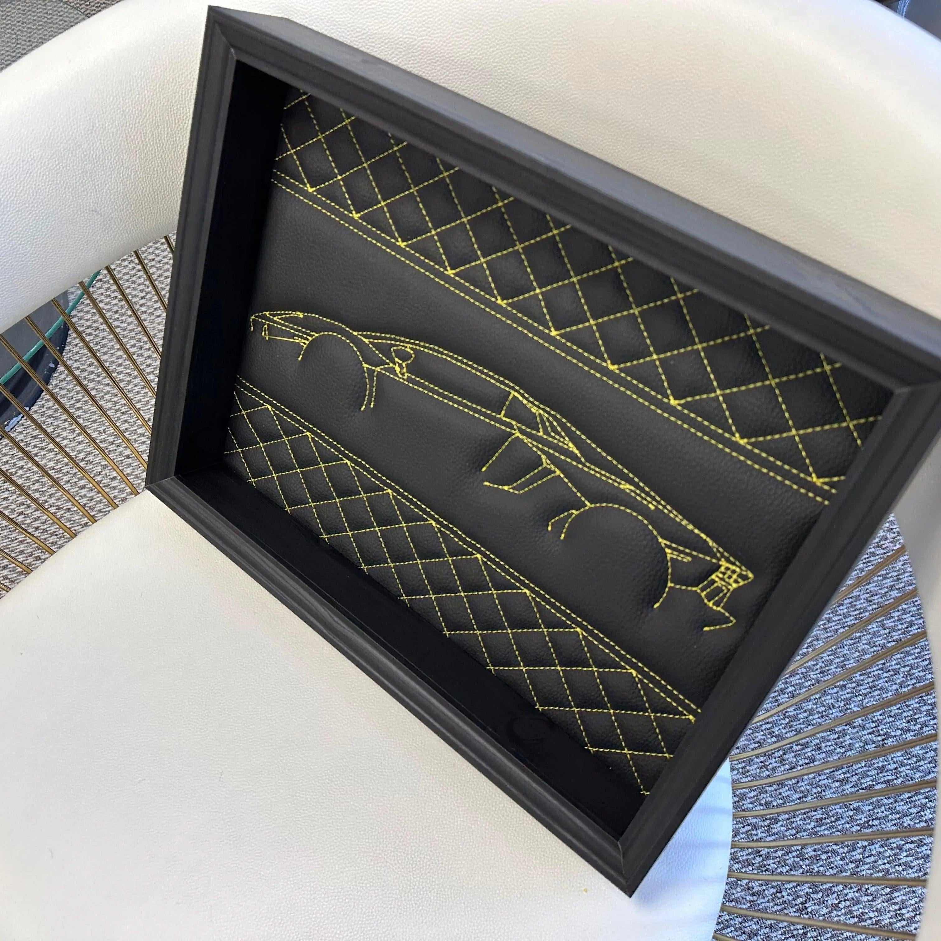 Black Leather Lamborghini Aventador Inspired Wall Art: Embroidered Yellow Stitch