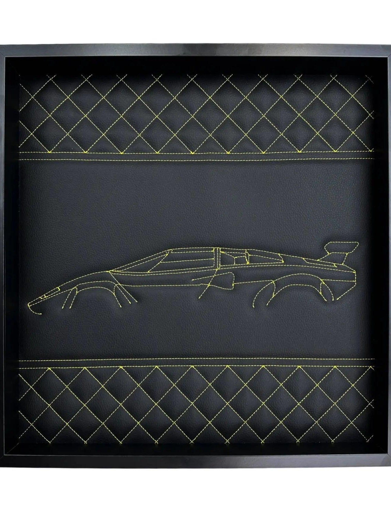 Black Leather Lamborghini Countach Inspired Wall Art: Embroidered Yellow Stitch Luxury Decor