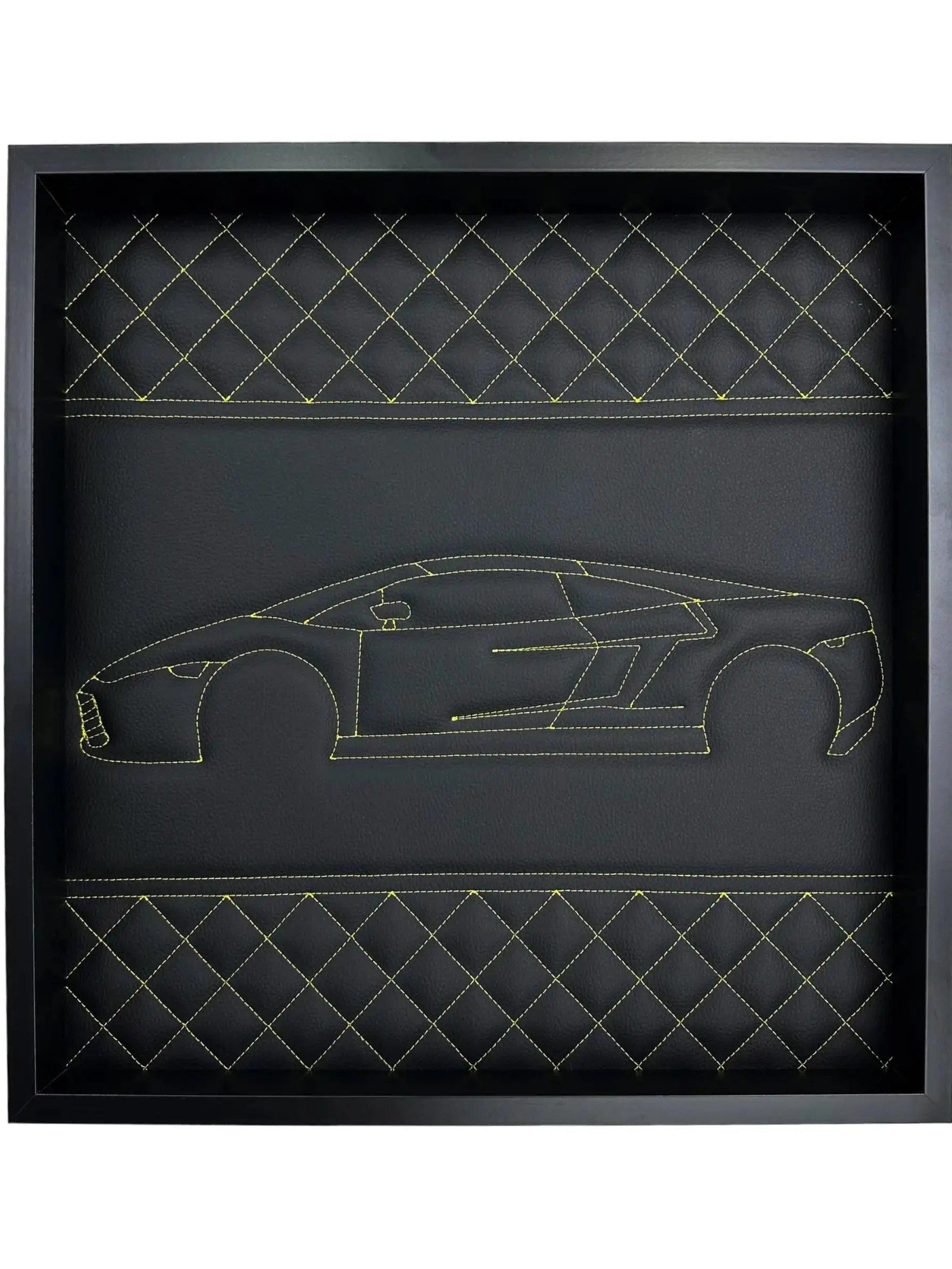 Black Leather Lamborghini Gallardo Inspired Wall Art: Embroidered Yellow Stitch Luxury Decor