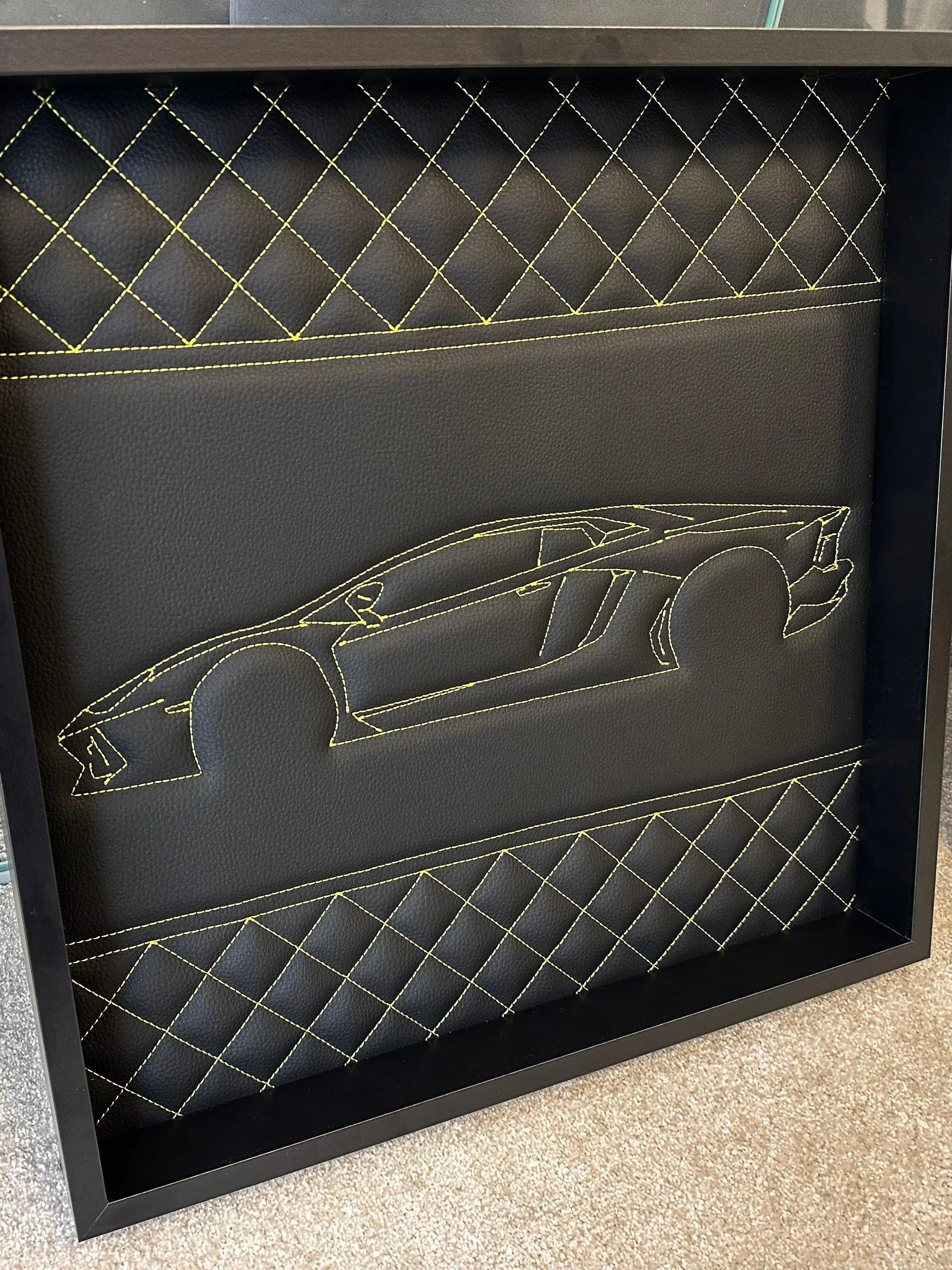 Black Leather Lamborghini Aventador Inspired Wall Art: Embroidered Yellow Stitch Luxury Decor
