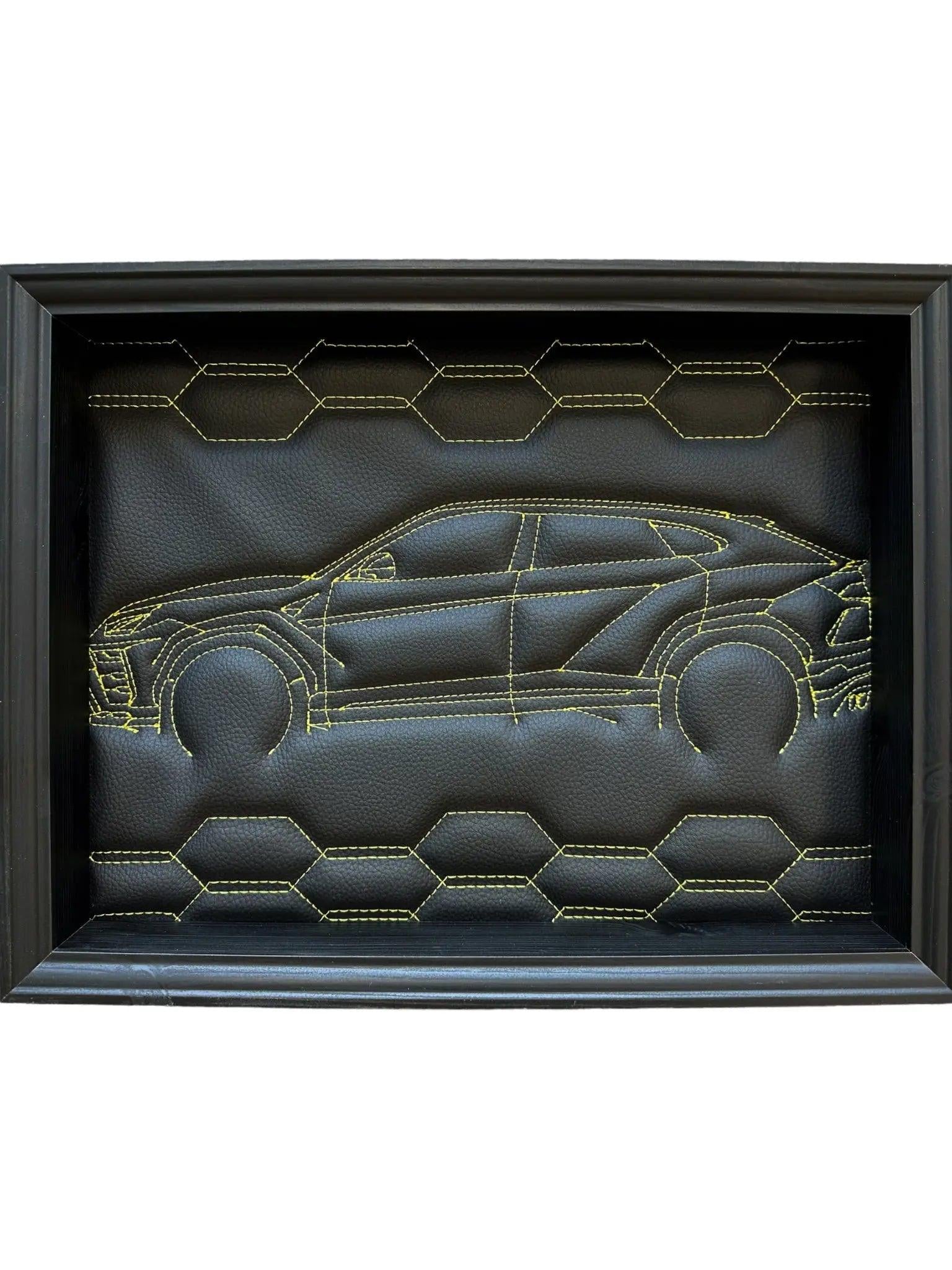 Black Leather Lamborghini Urus Inspired Wall Art: Embroidered Yellow Stitch