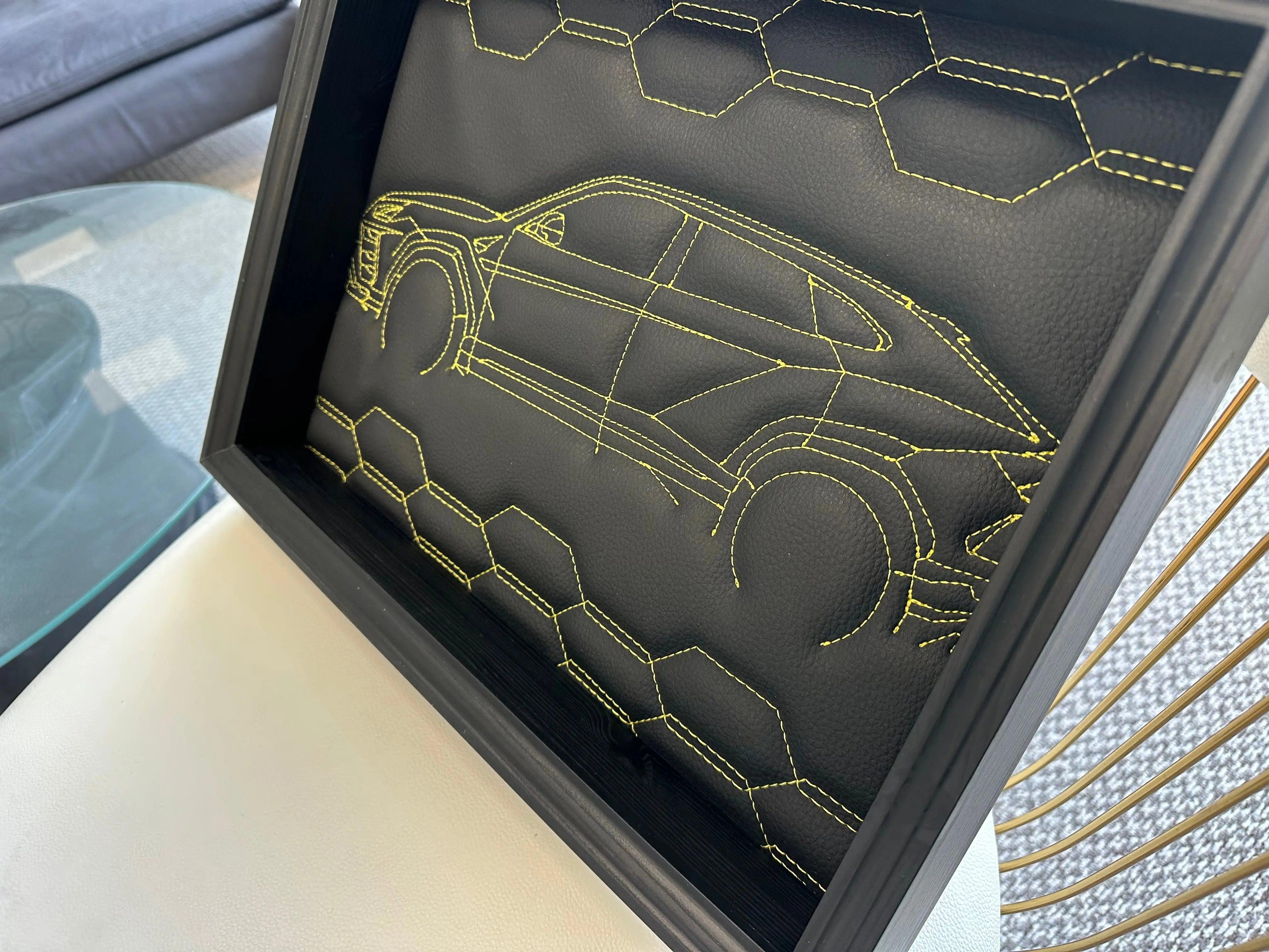 Black Leather Lamborghini Urus Inspired Wall Art: Embroidered Yellow Stitch