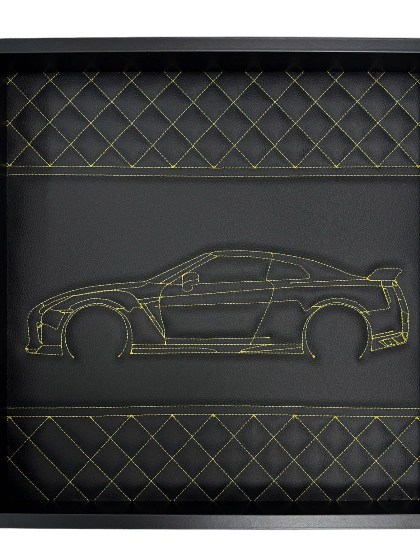 Black Leather Nissan GTR Inspired Wall Art: Embroidered Yellow Stitch Luxury Decor