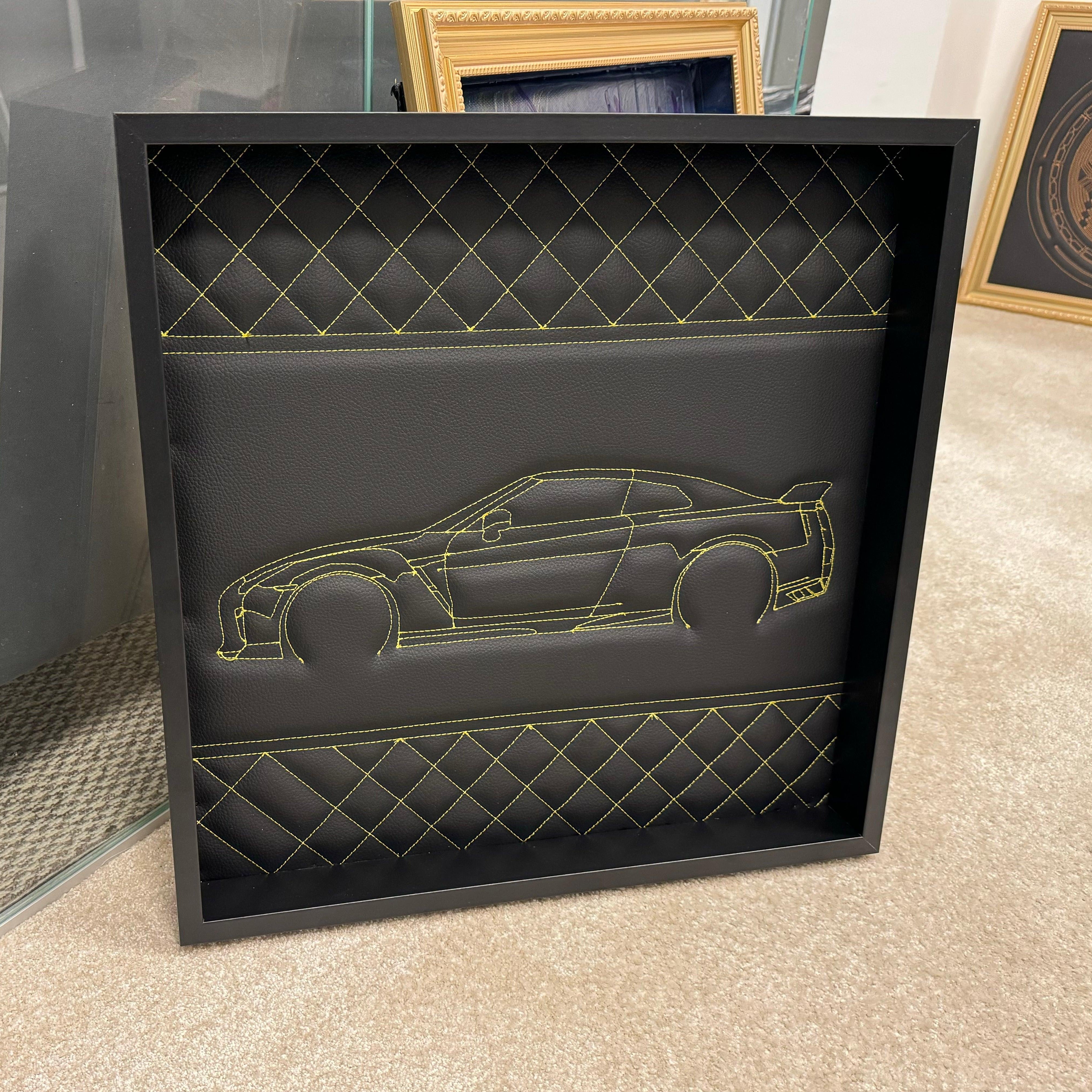 Black Leather Nissan GTR Inspired Wall Art: Embroidered Yellow Stitch Luxury Decor