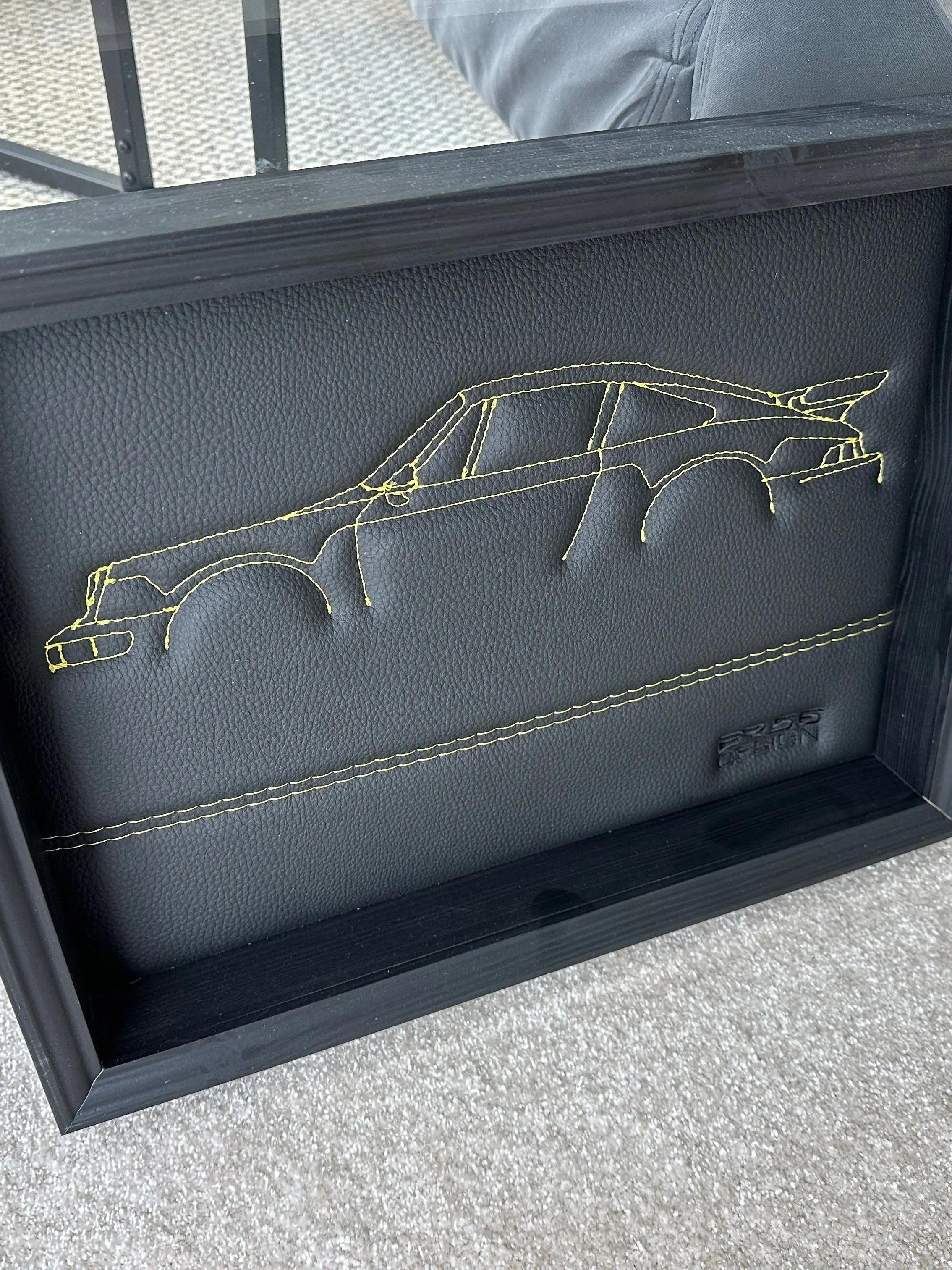 Black Leather Porsche 911 - 964 Inspired Wall Art: Embroidered Yellow Stitch Luxury Decor