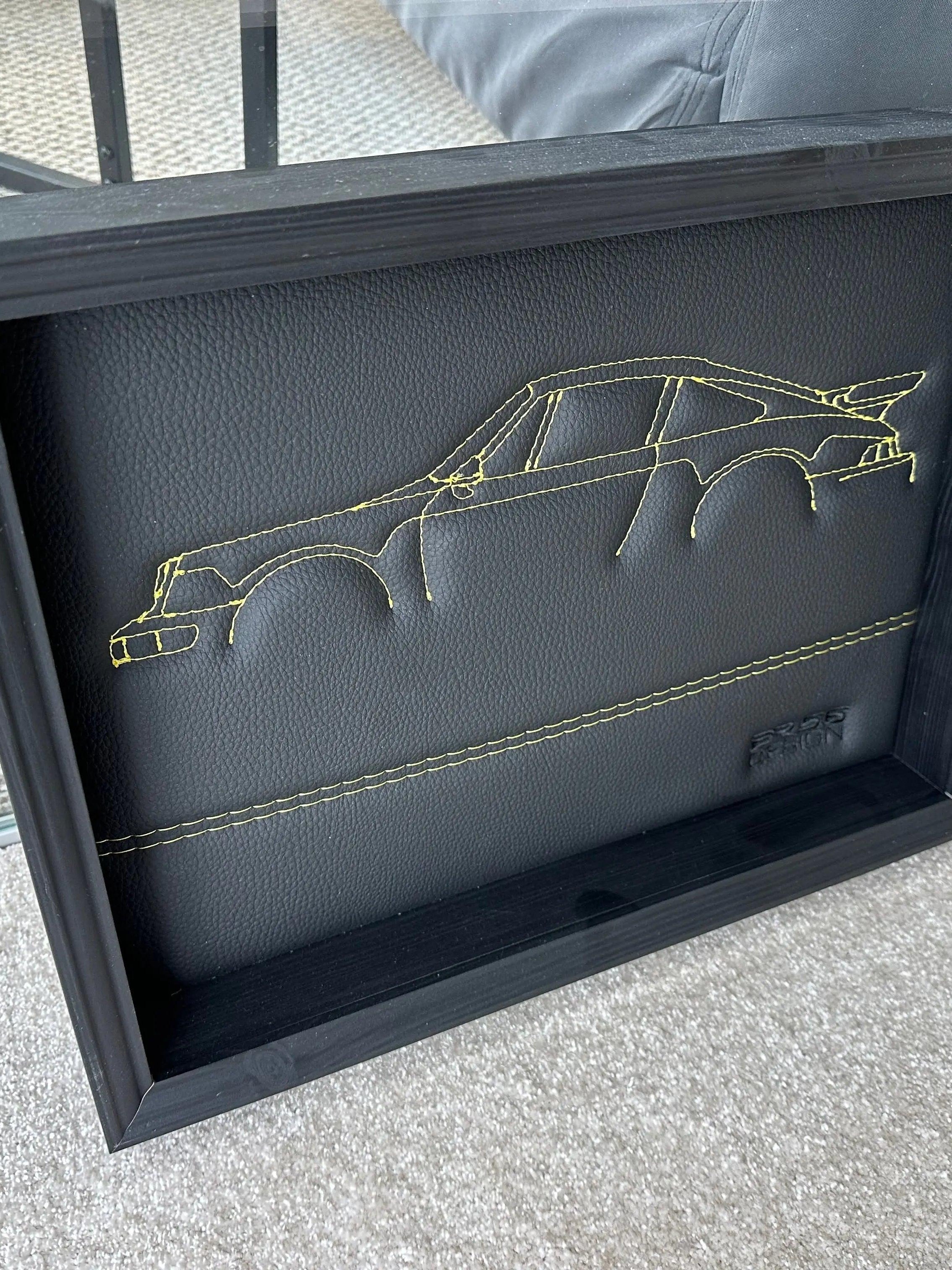 Black Leather Porsche 911 - 964 Inspired Wall Art: Embroidered Yellow Stitch Luxury Decor