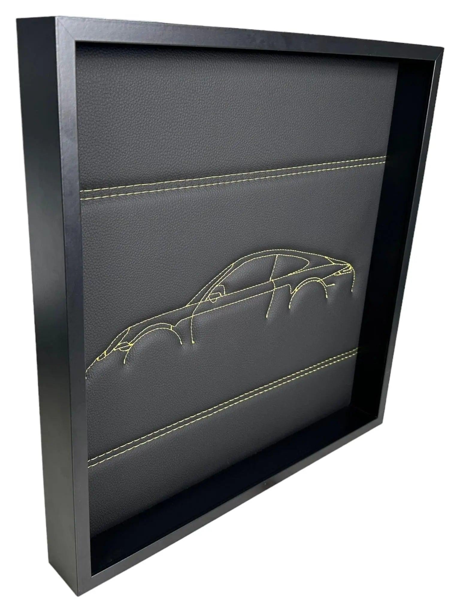 Black Leather Porsche 911 - 991 Inspired Wall Art: Embroidered Yellow Stitch Luxury Decor - AutoWin