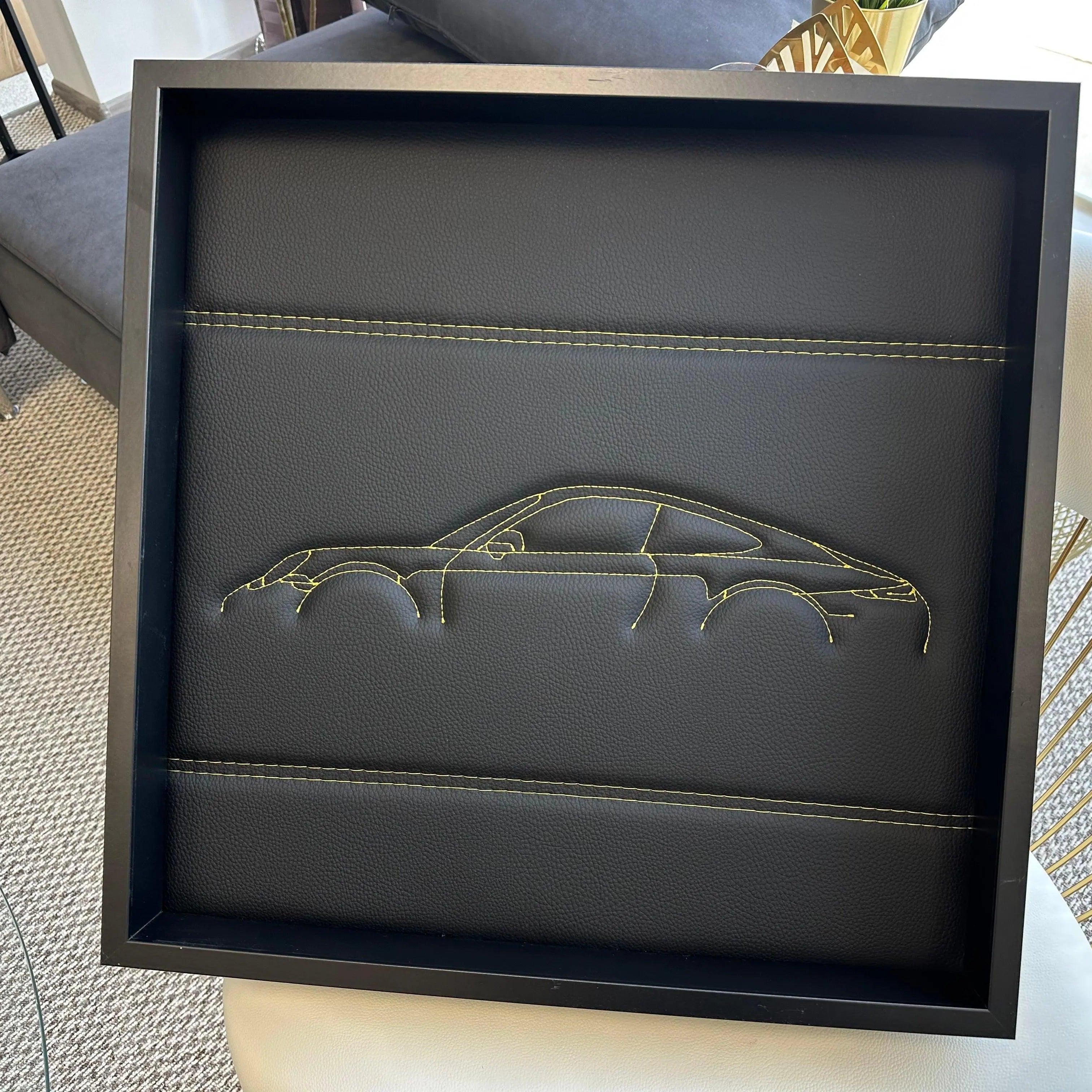 Black Leather Porsche 911 - 991 Inspired Wall Art: Embroidered Yellow Stitch Luxury Decor - AutoWin