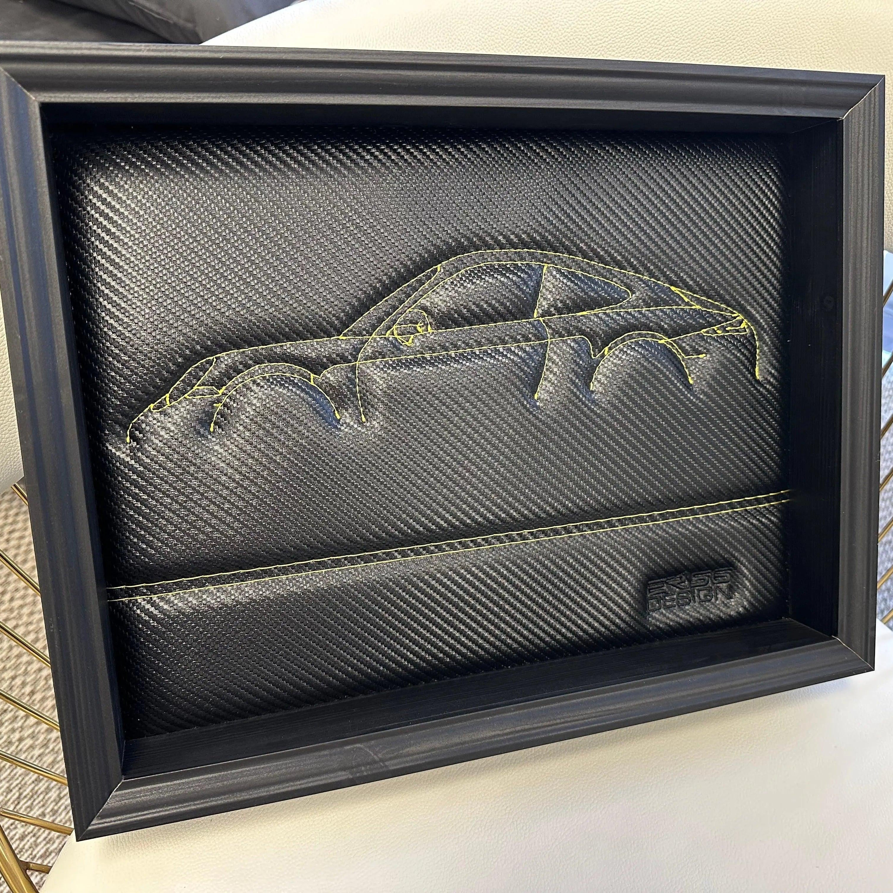 Carbon Fiber Leather Porsche 911 - 991 Inspired Wall Art: Embroidered Yellow Stitch