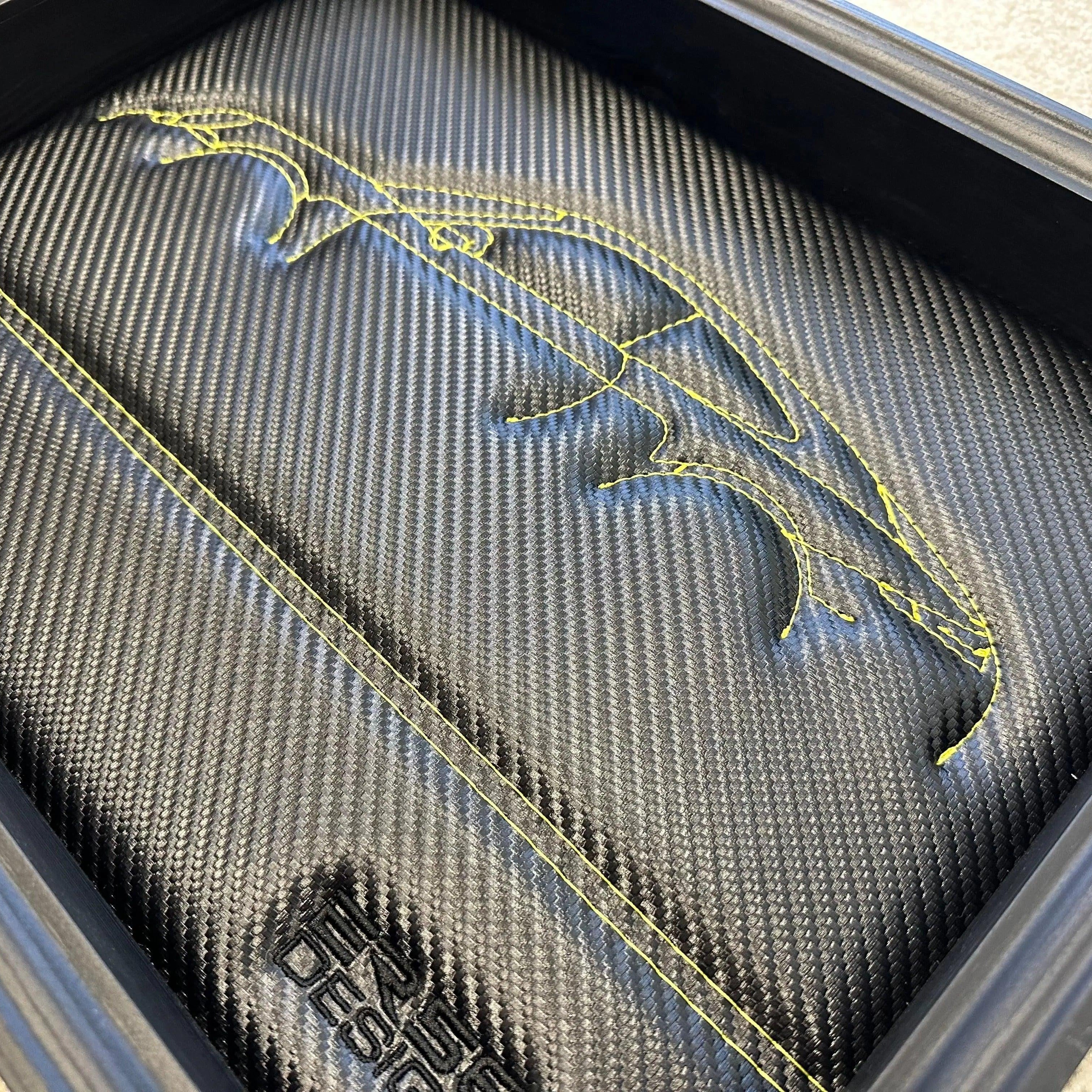 Carbon Fiber Leather Porsche 911 - 991 Inspired Wall Art: Embroidered Yellow Stitch