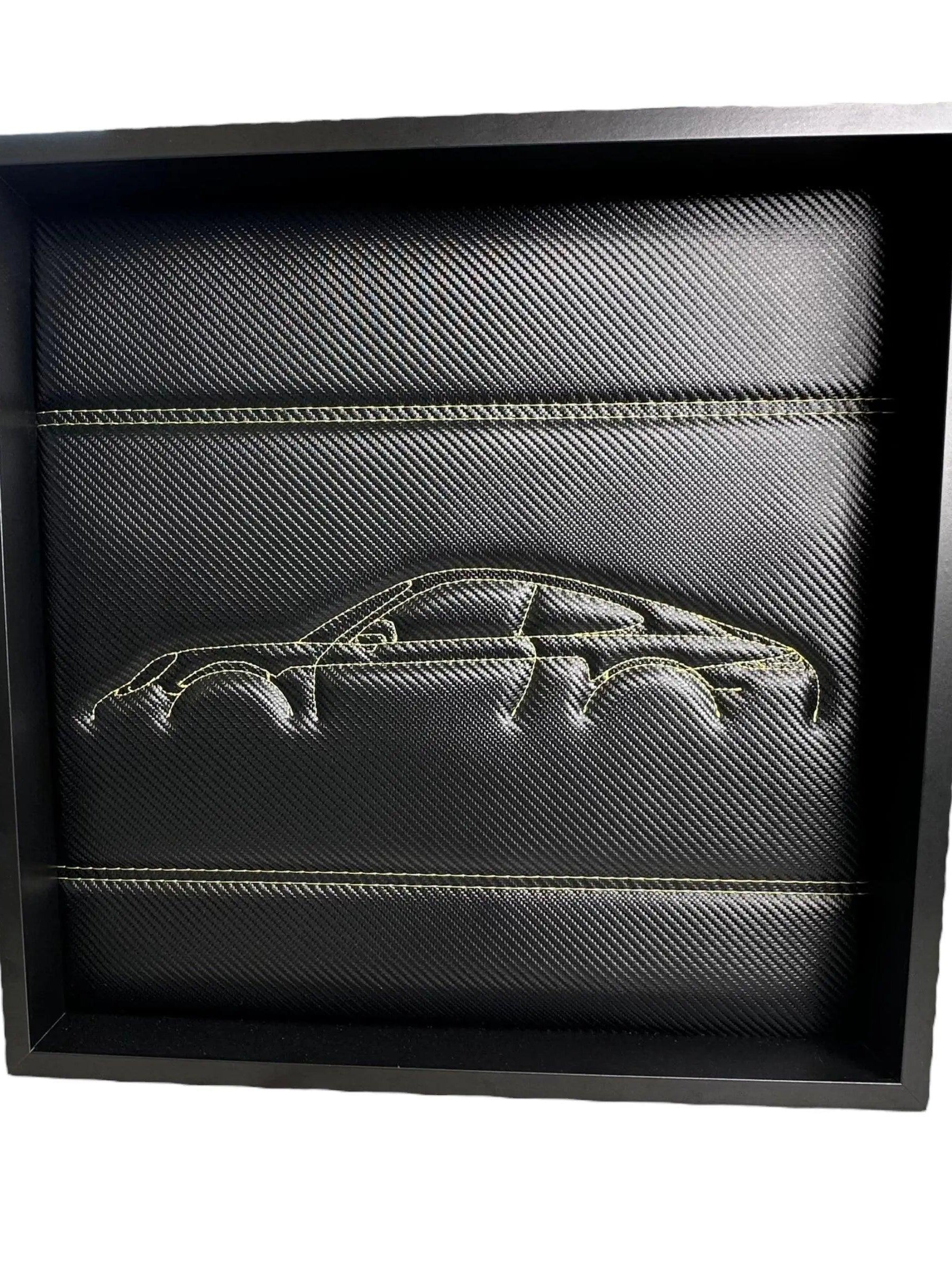 Carbon Fiber Leather Porsche 911 - 991 Inspired Wall Art: Embroidered Yellow Stitch Luxury Decor - AutoWin