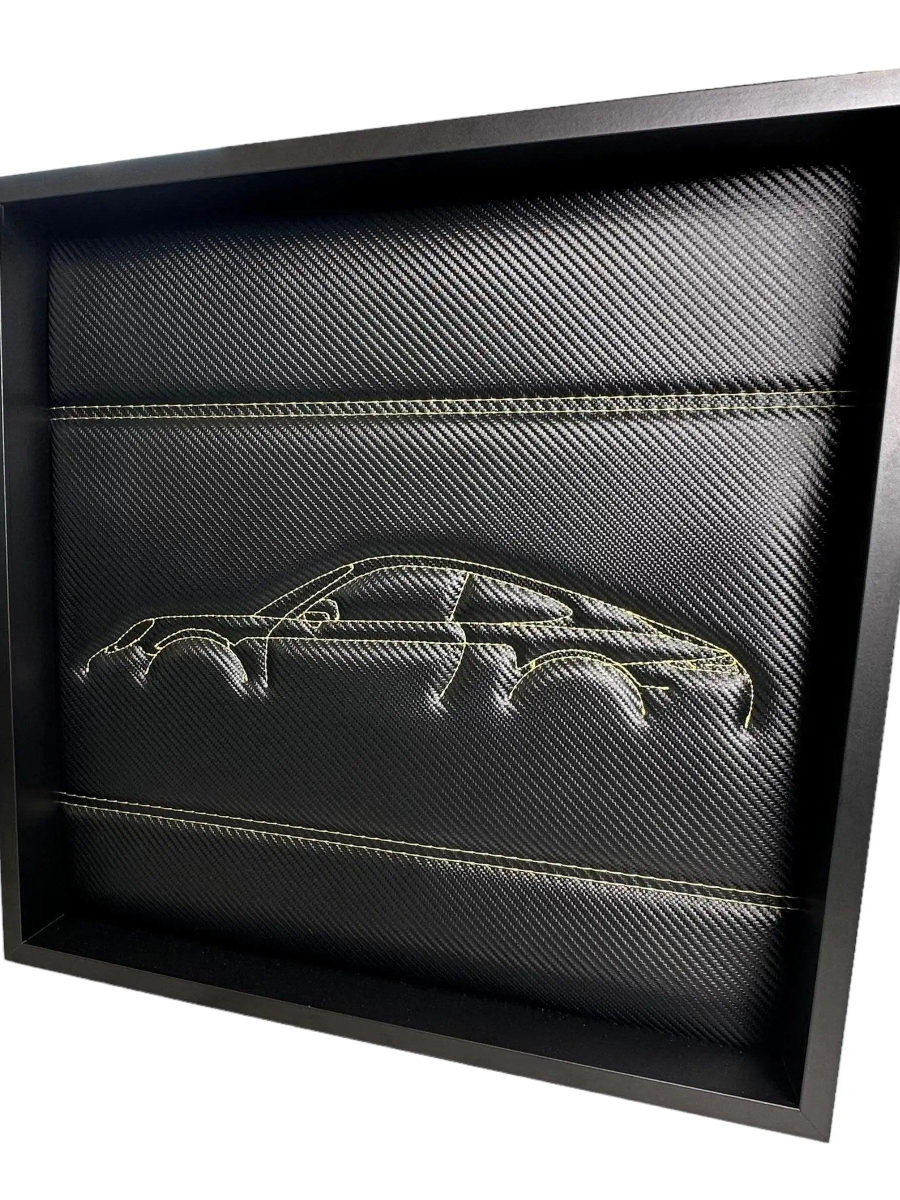 Carbon Fiber Leather Porsche 911 - 991 Inspired Wall Art: Embroidered Yellow Stitch Luxury Decor - AutoWin