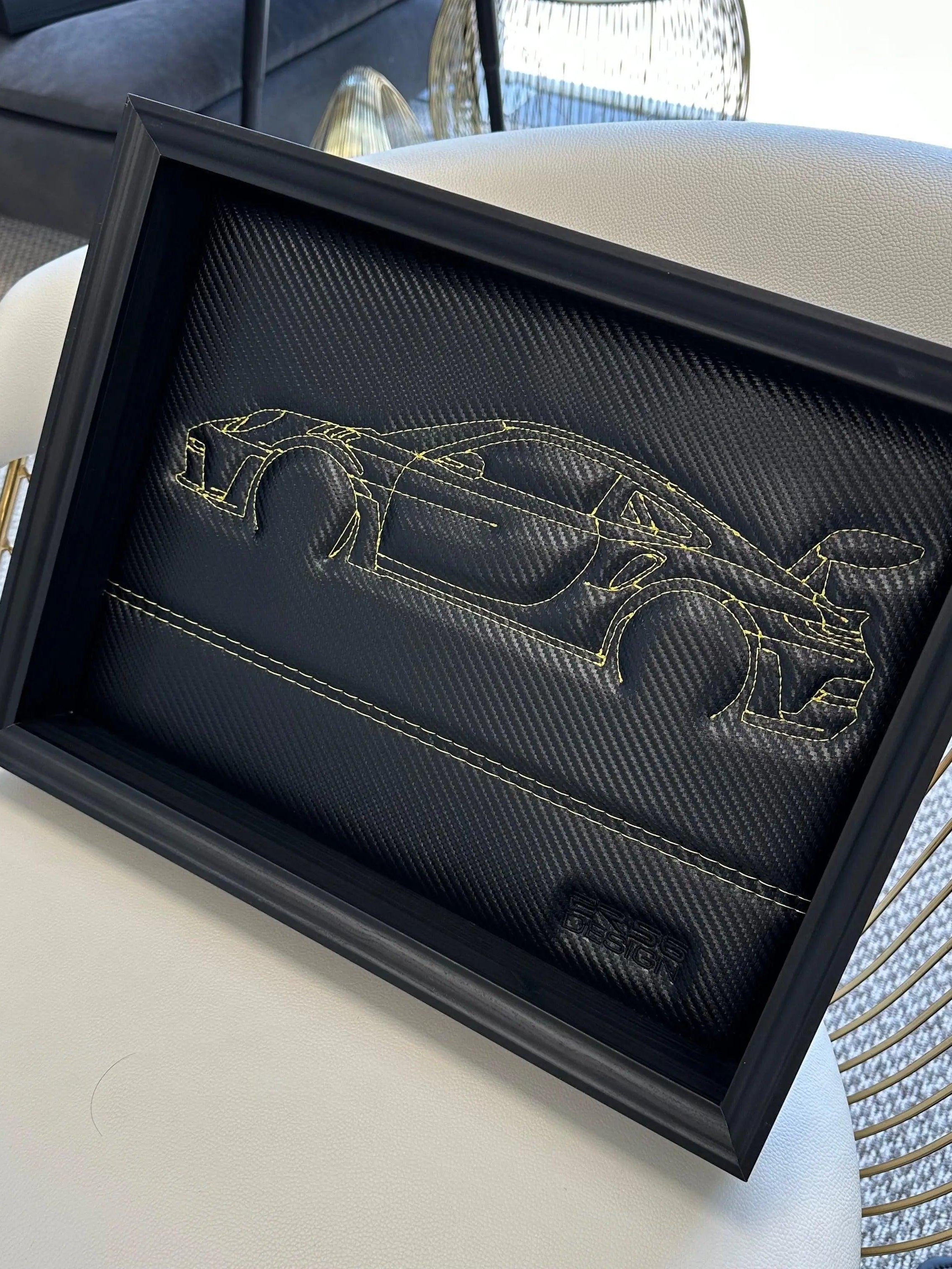 Carbon Fiber Leather Porsche 911 - 992 Inspired Wall Art: Embroidered Yellow Stitch Luxury Decor - AutoWin