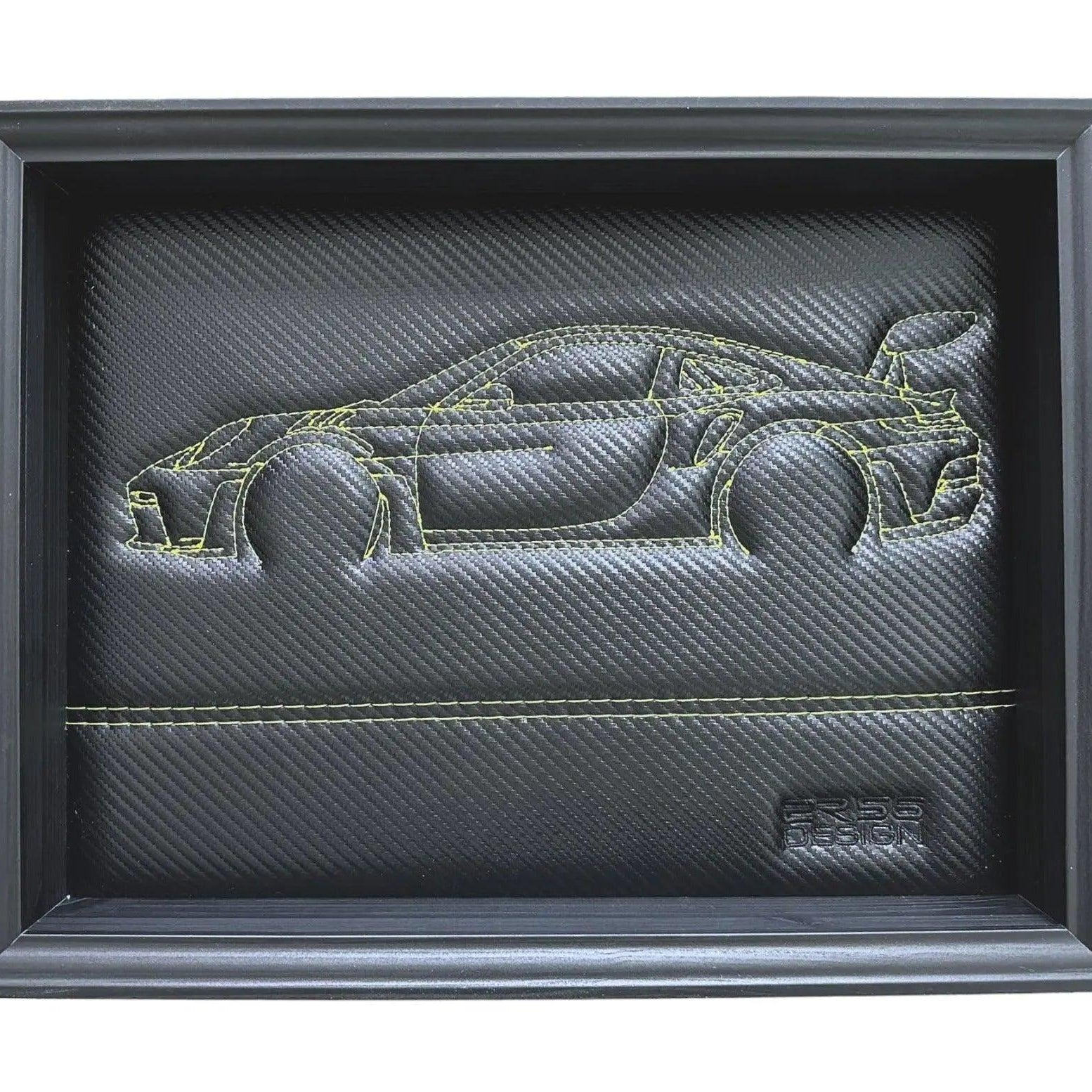 Carbon Fiber Leather Porsche 911 - 992 Inspired Wall Art: Embroidered Yellow Stitch Luxury Decor