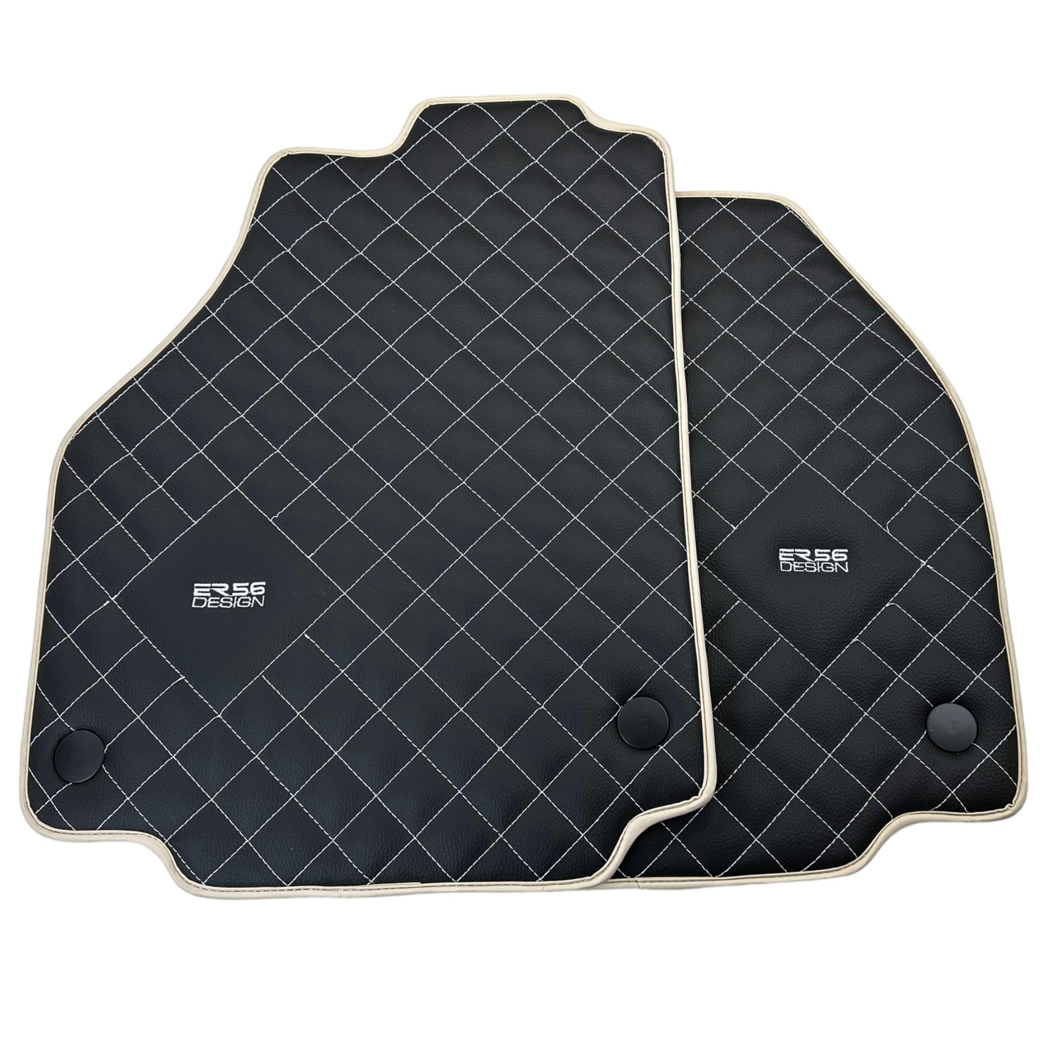 Leather Floor Mats for Ferrari 488 Spider 2015-2022 with White Sewing ER56 Design | Beige Trim