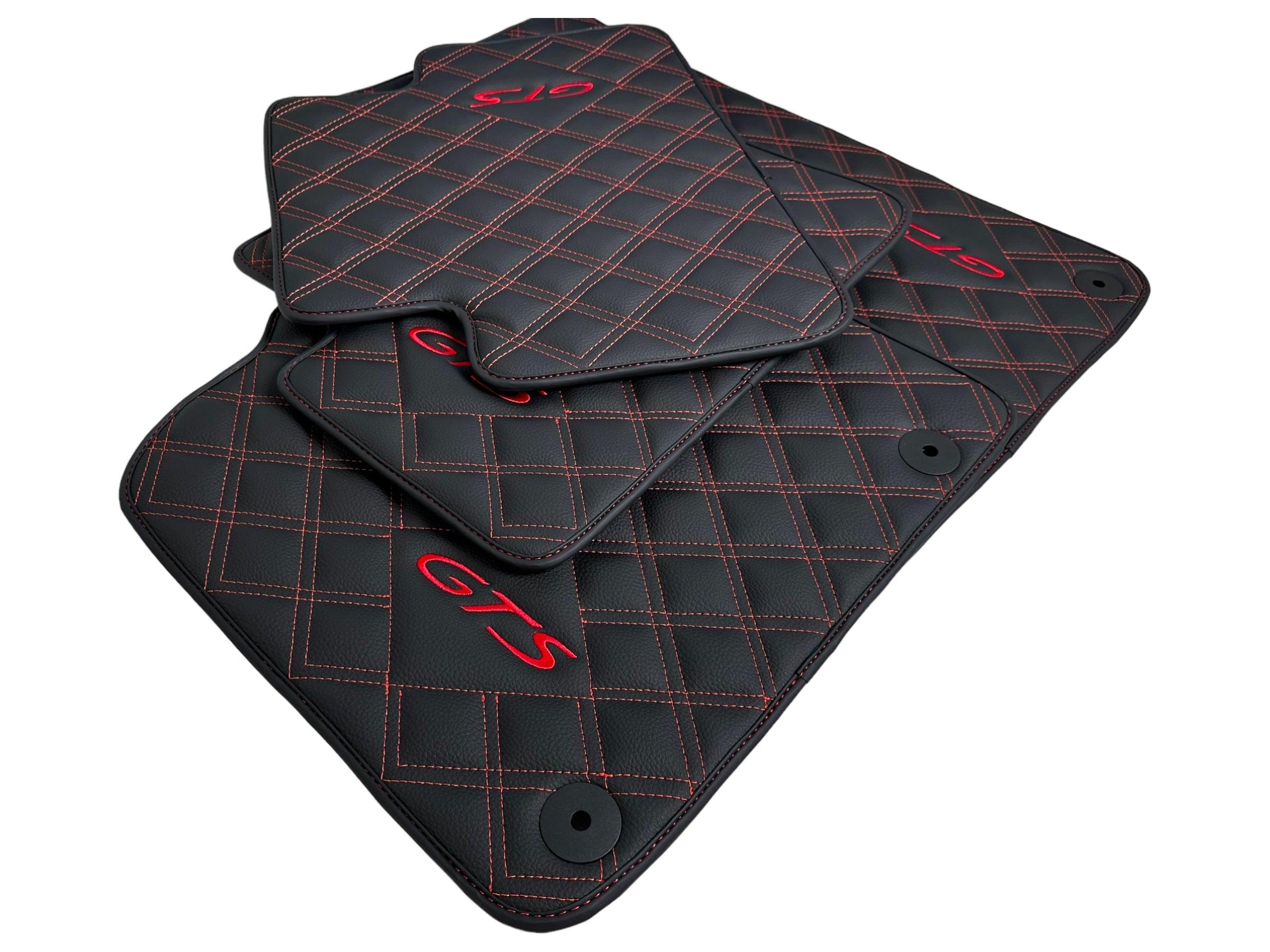 Leather Floor Mats for Porsche Cayenne GTS (2010-2018) Red Sewing - AutoWin