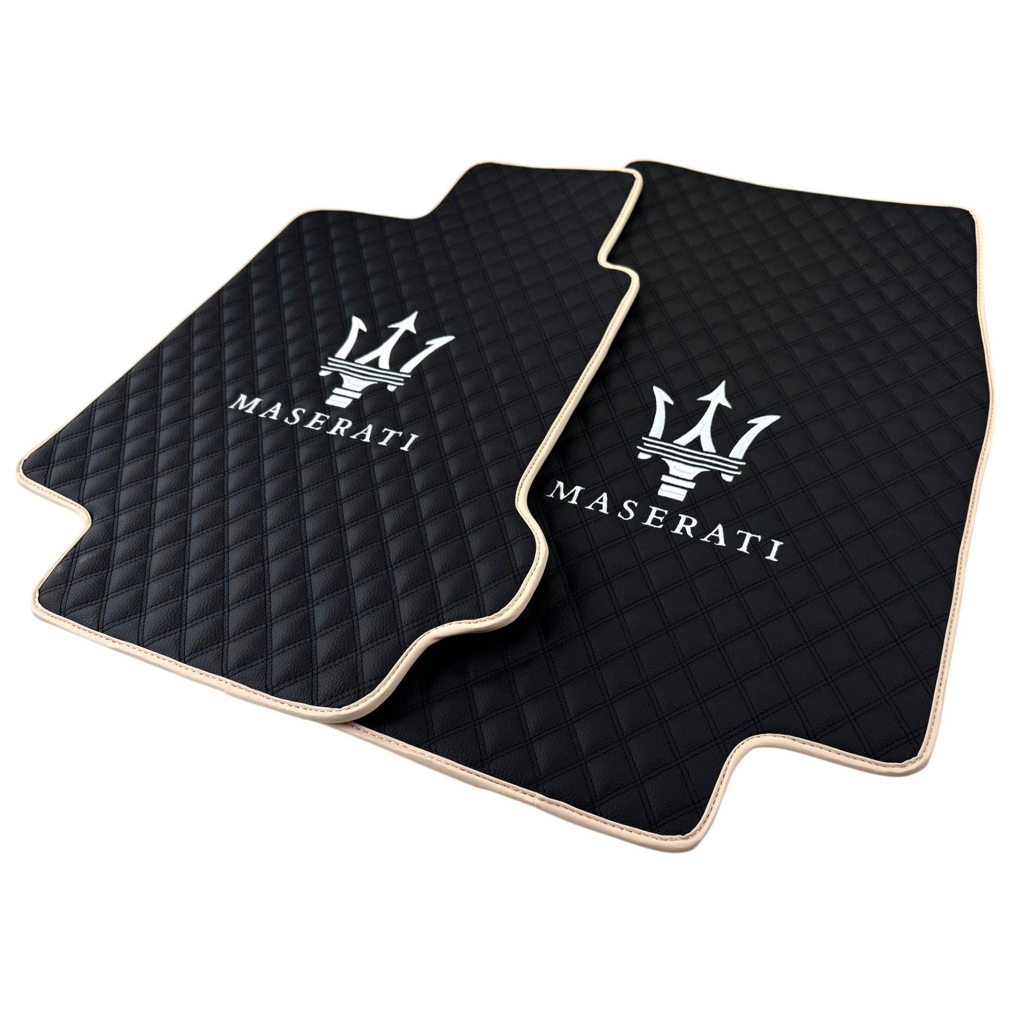 Black Stitched Leather Floor Mats with Logo for Maserati Coupe (2002–2007) | Beige Trim - AutoWin